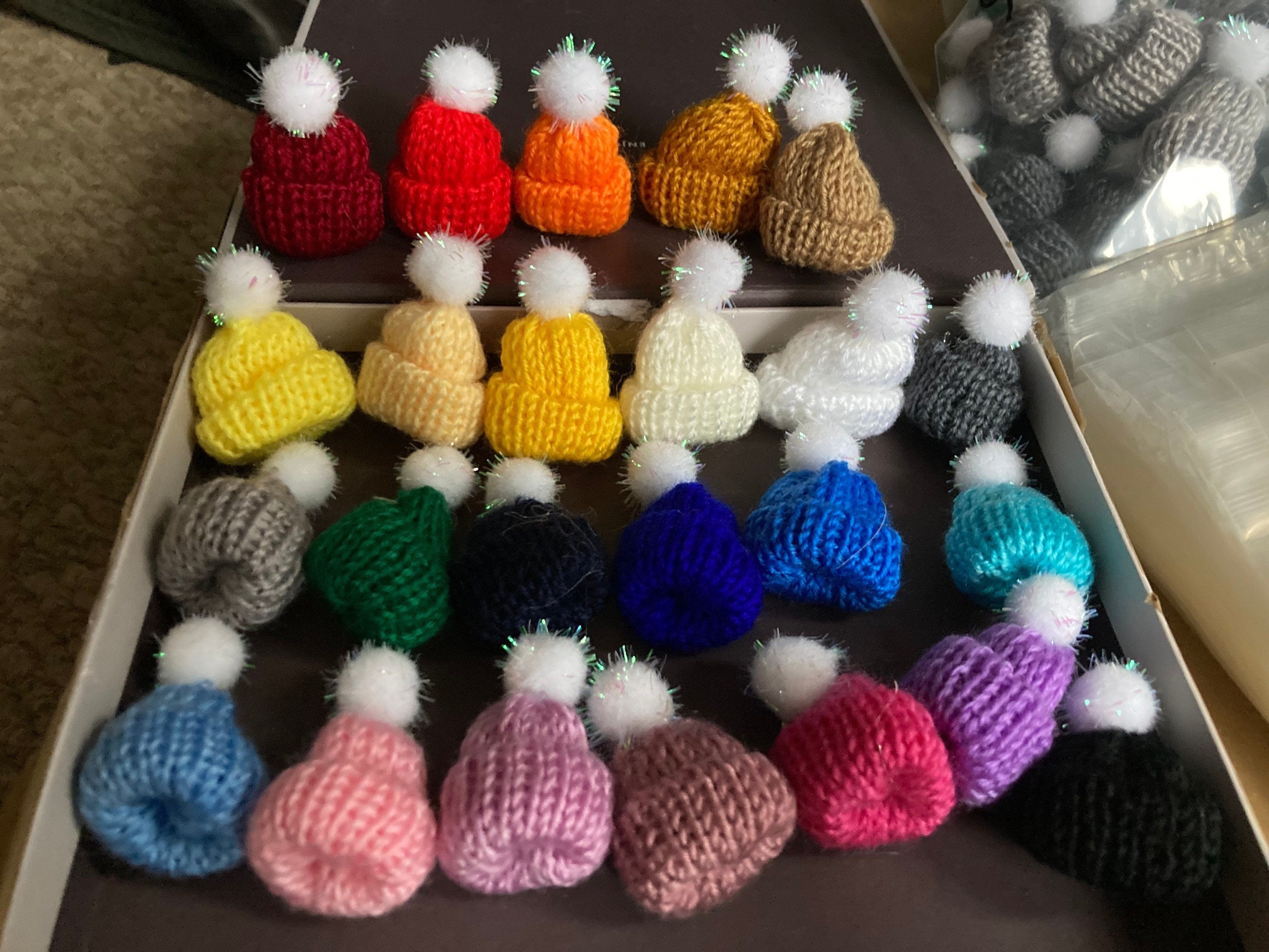 Mini knitted bobble hats cake topper decorations, wool craft bottle tops price per hat