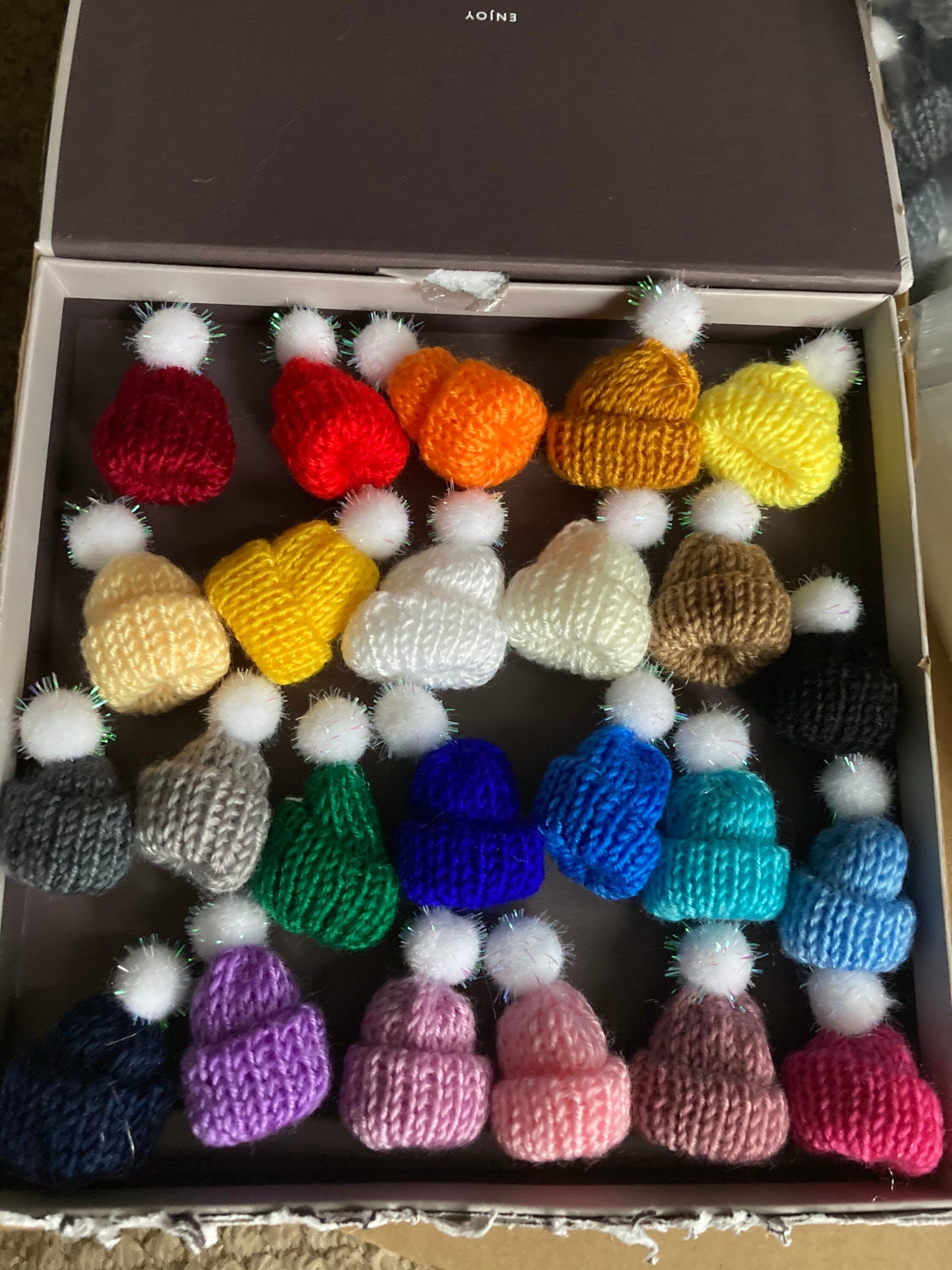 Mini knitted bobble hats cake topper decorations, wool craft bottle tops price per hat