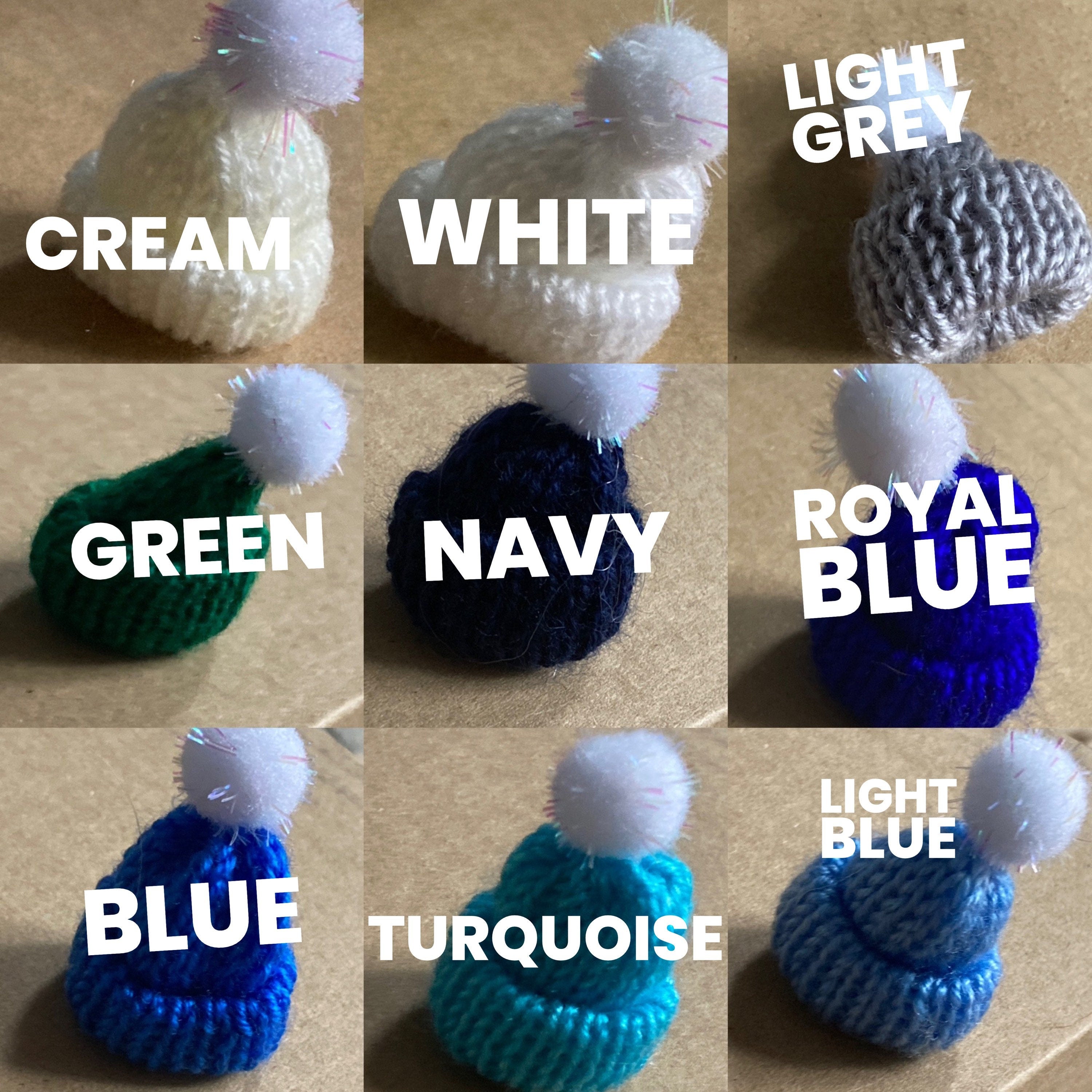 Mini knitted bobble hats cake topper decorations, wool craft bottle tops price per hat