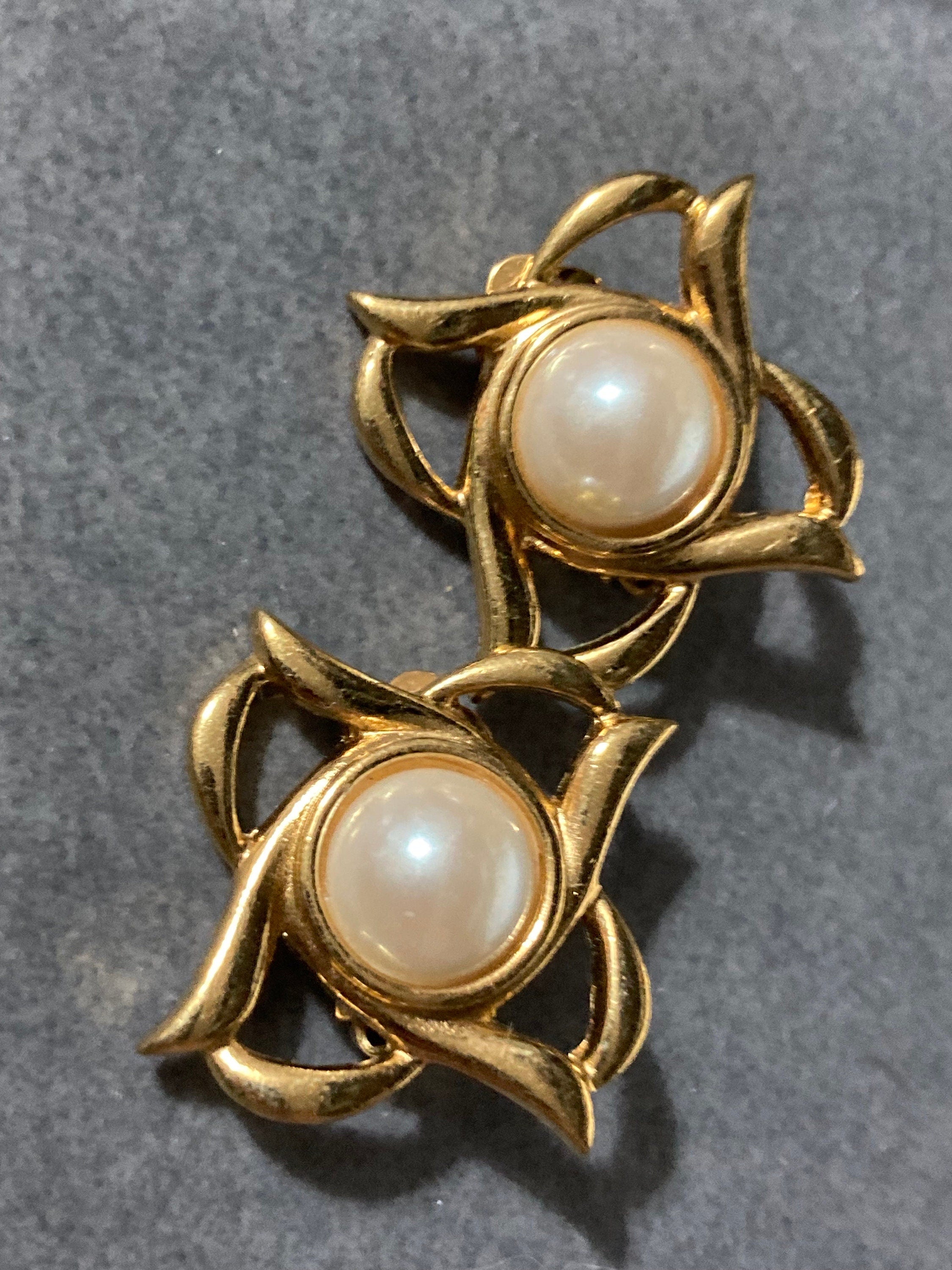 oversized Vintage gold tone clip on faux pearl earrings
