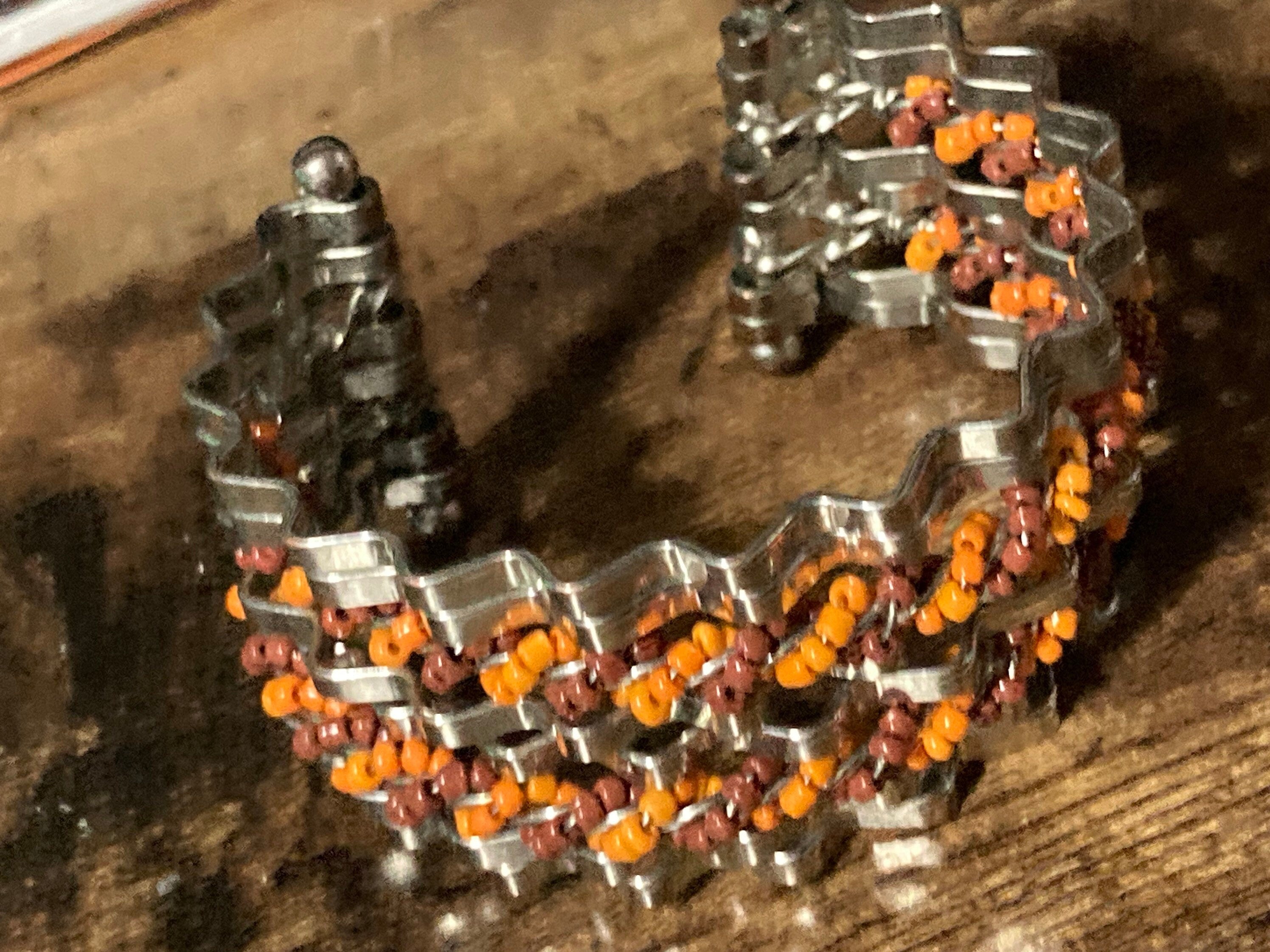 Retro modernist silver tone coral beaded wide cuff bangle