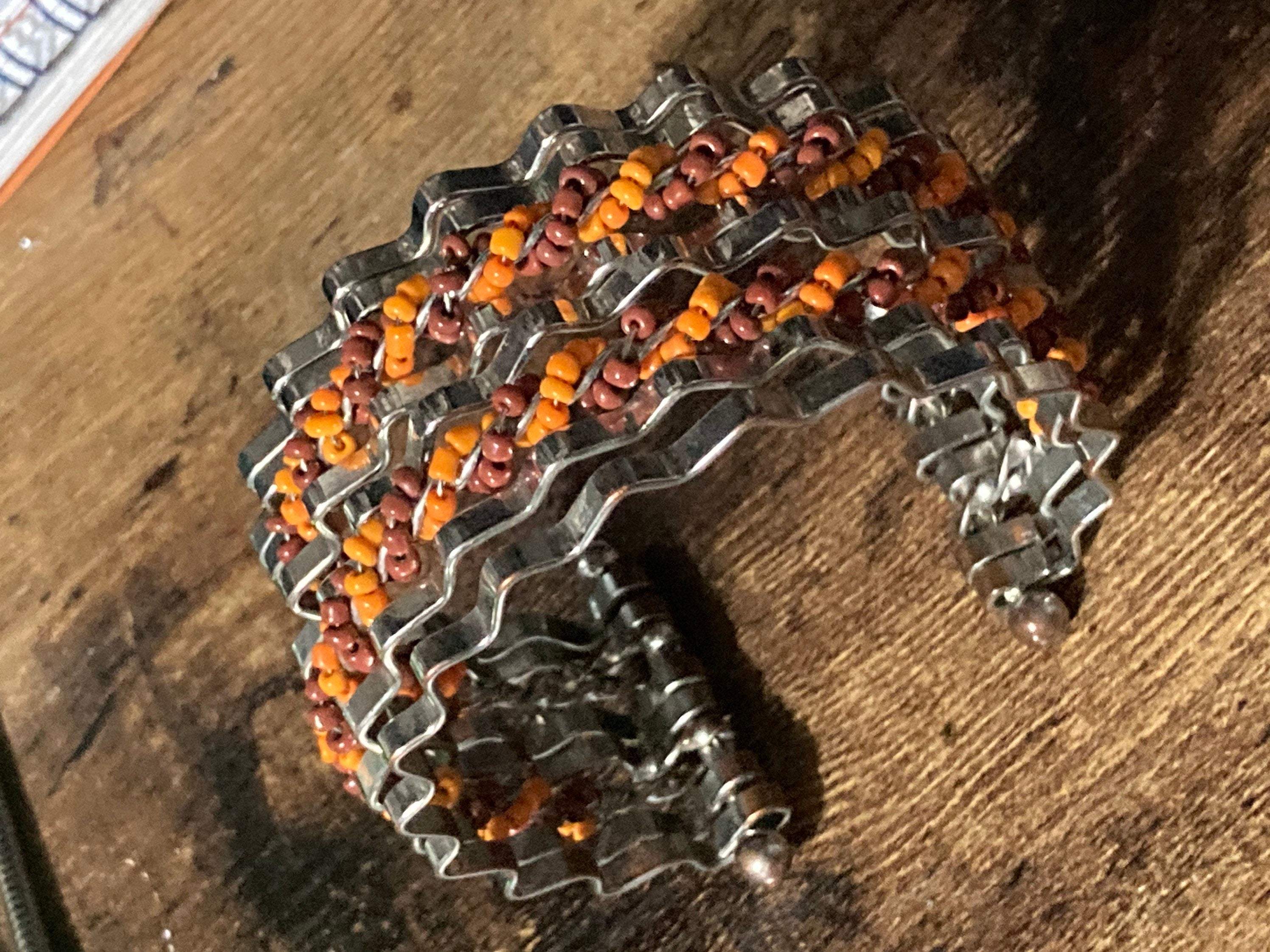 Retro modernist silver tone coral beaded wide cuff bangle