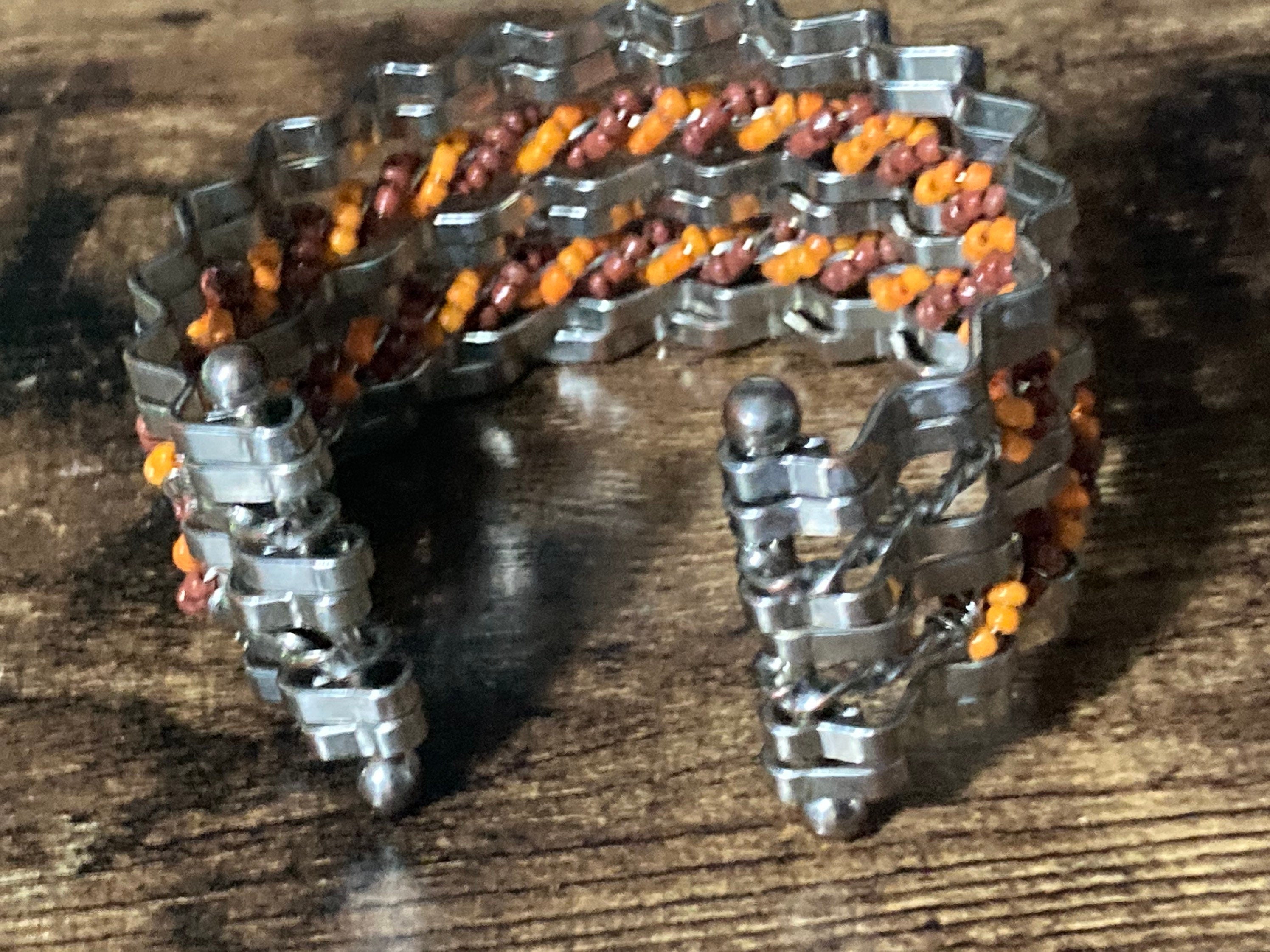 Retro modernist silver tone coral beaded wide cuff bangle