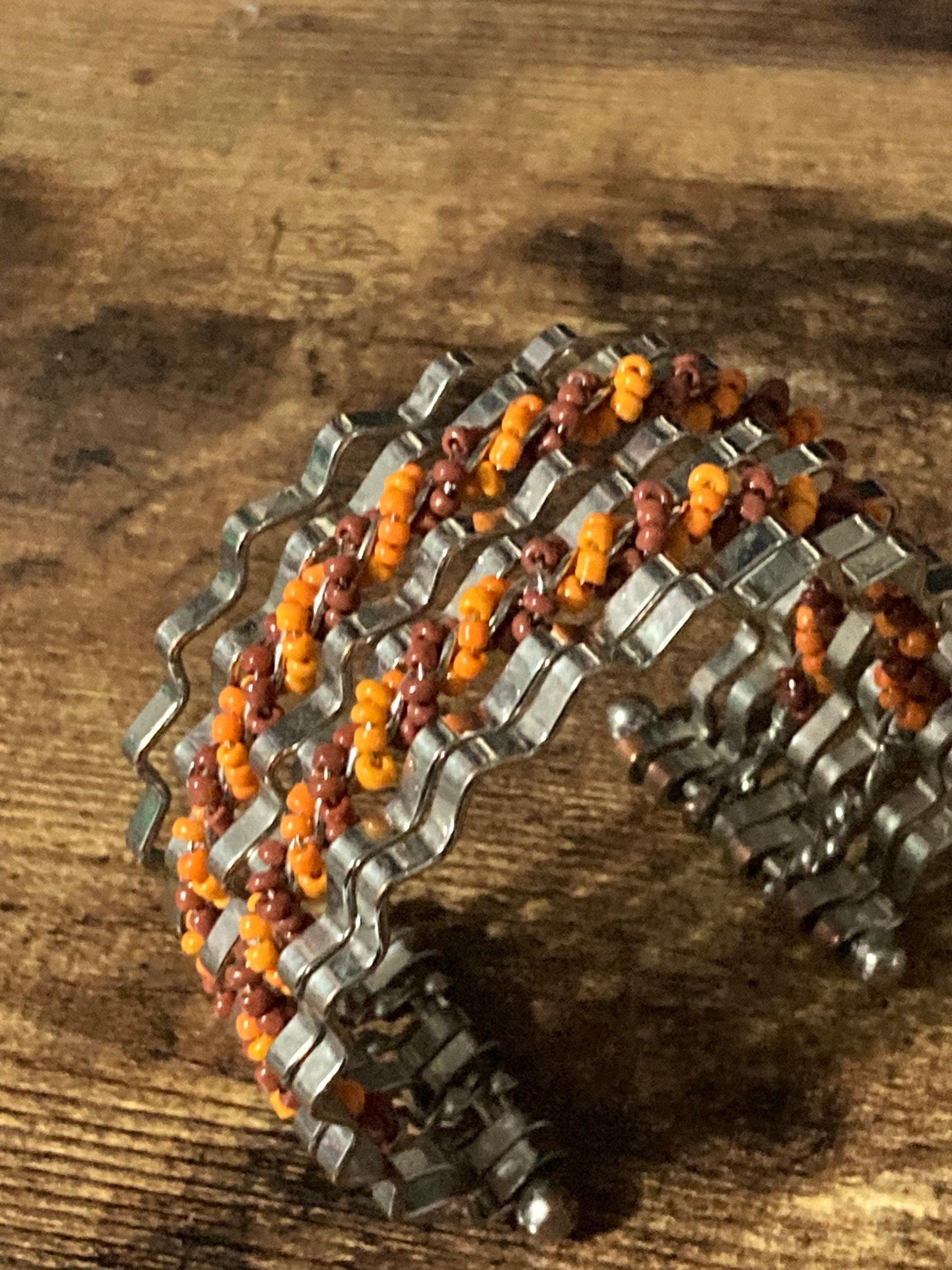 Retro modernist silver tone coral beaded wide cuff bangle