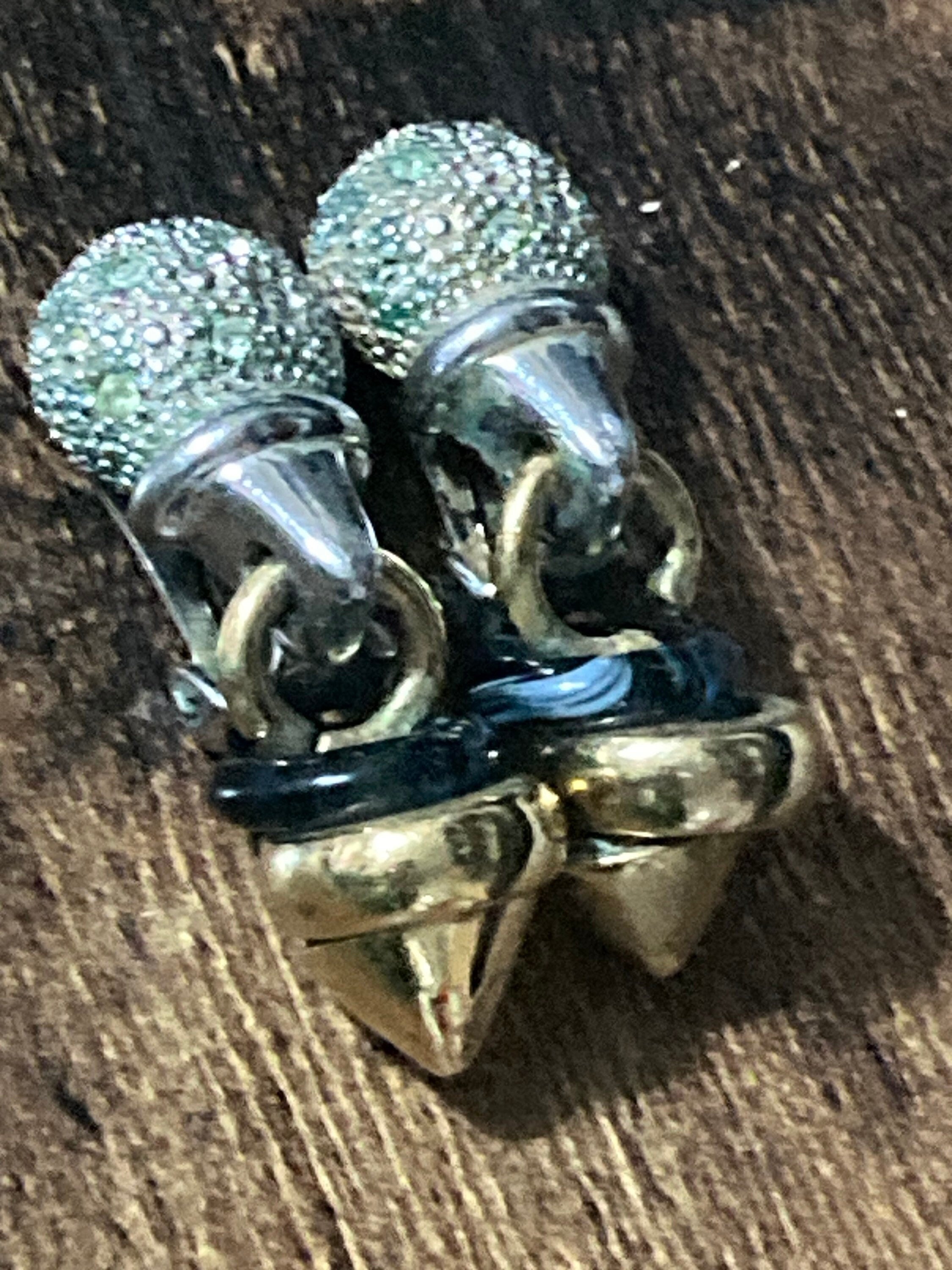 As found Signed GROSSE German designer silver & gold tone clip on diamanté ball drop earrings