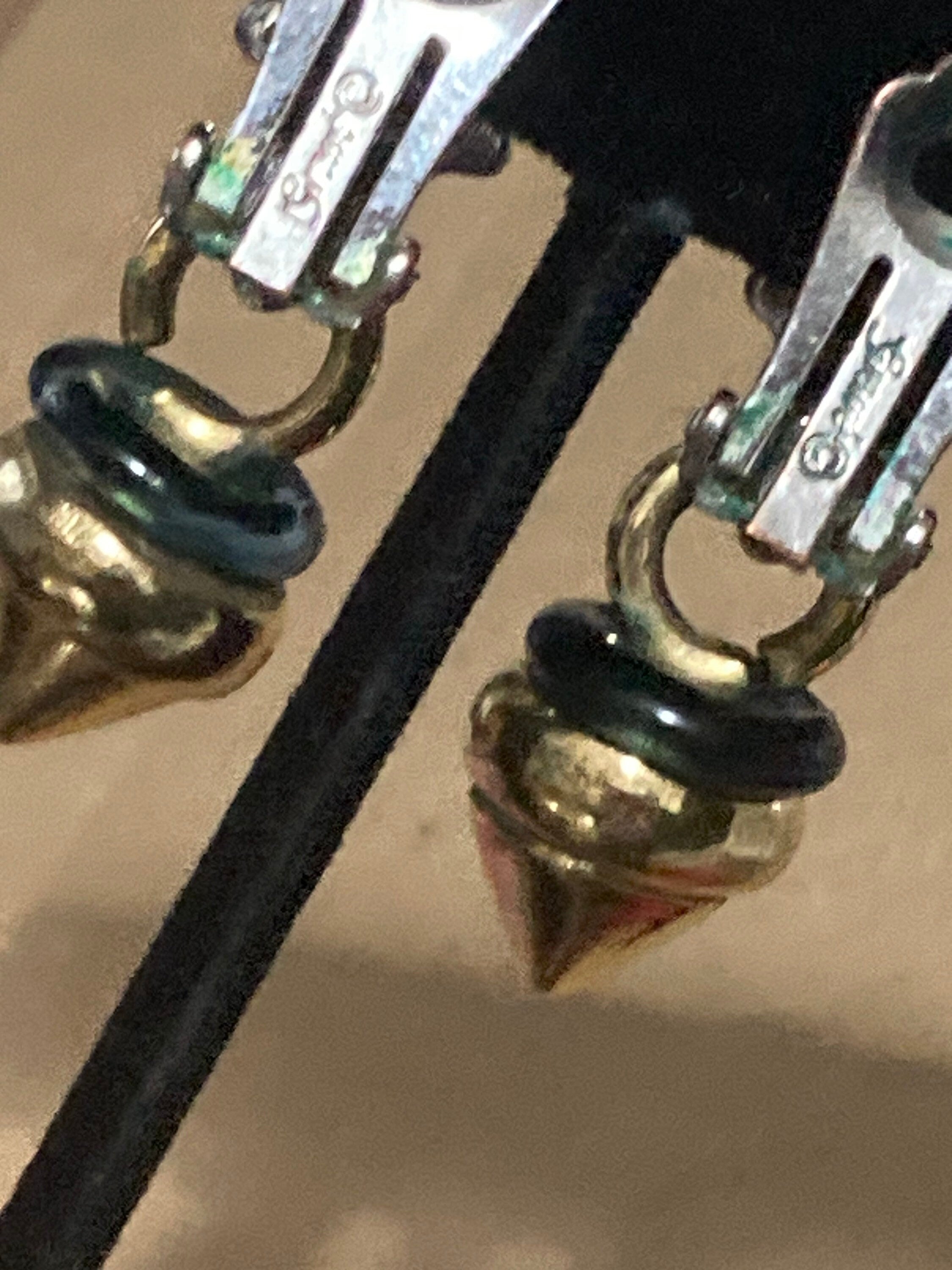 As found Signed GROSSE German designer silver & gold tone clip on diamanté ball drop earrings