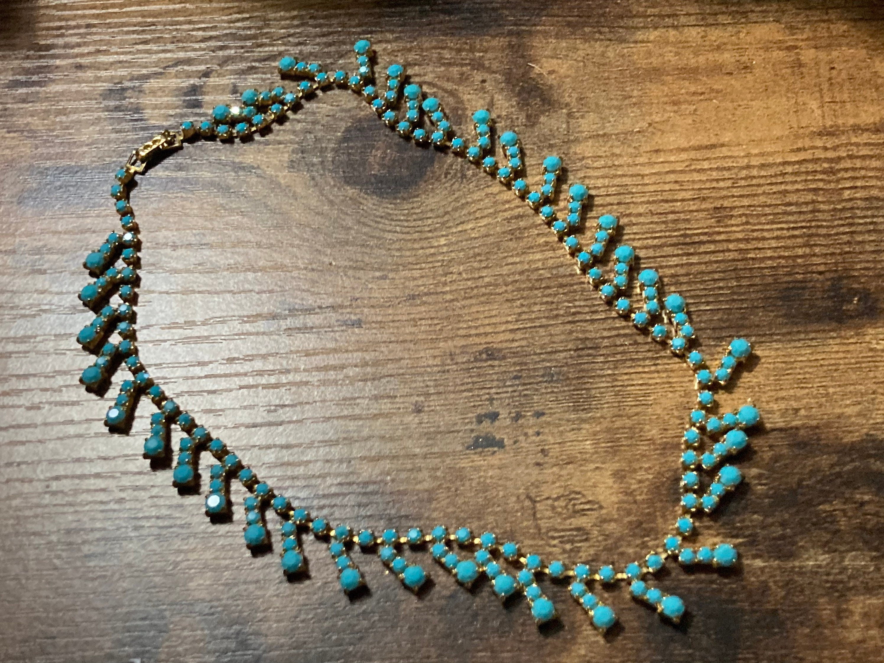 Vintage 1960s 1970s gold tone choker necklace with turquoise glass paste stones