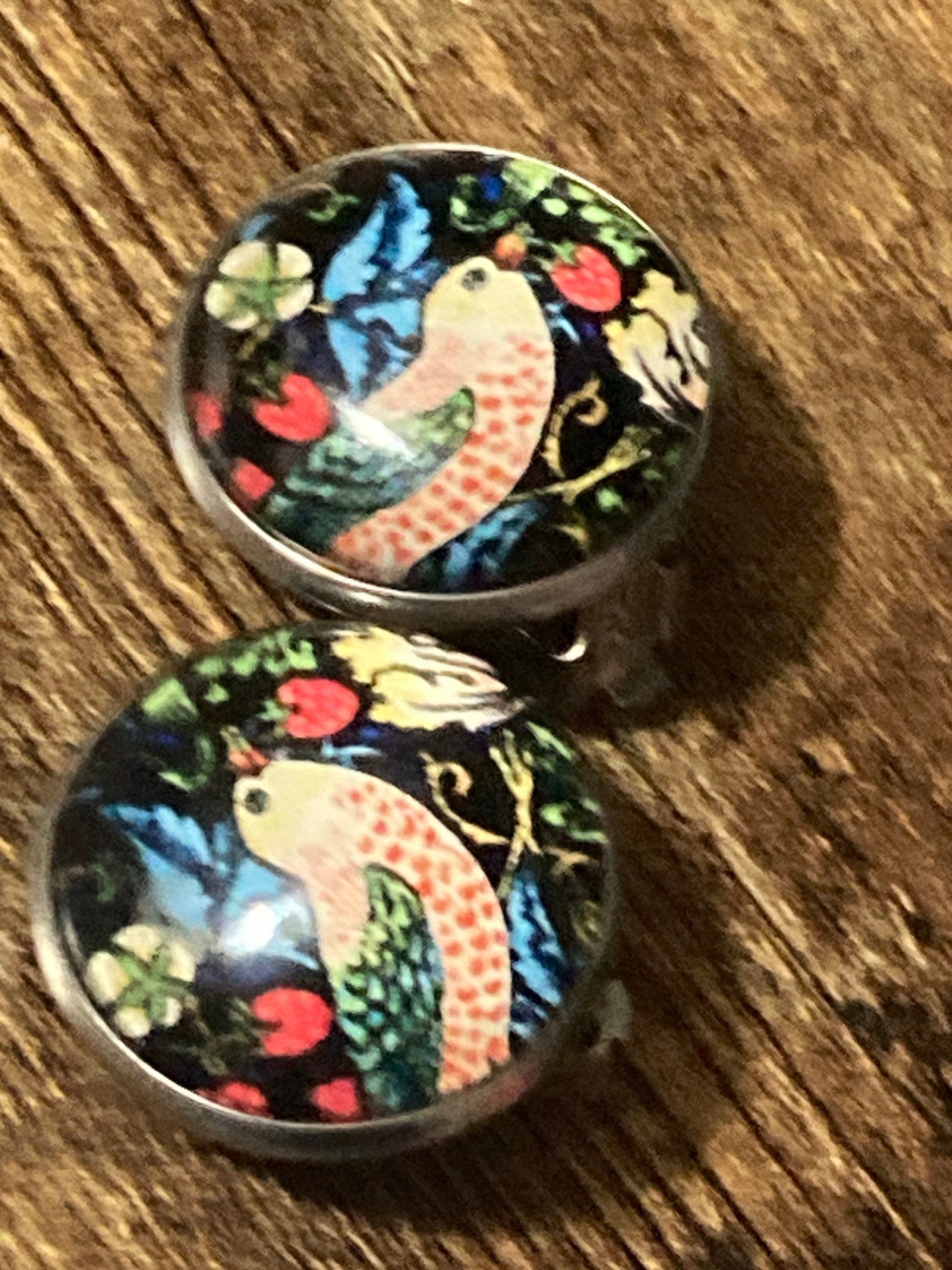 William Morris strawberry thief print clip on stud earrings round glass cabochon