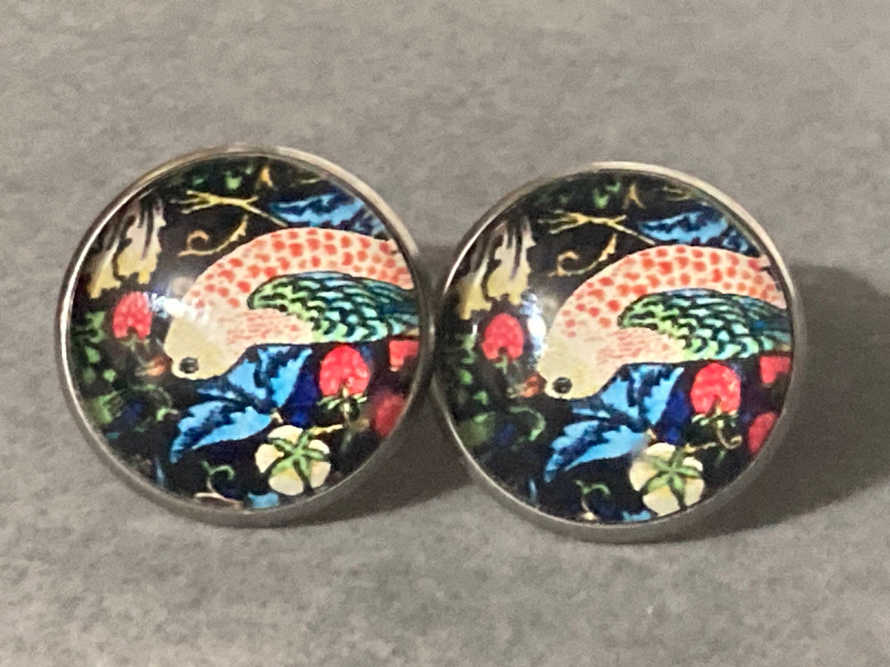 William Morris strawberry thief print clip on stud earrings round glass cabochon