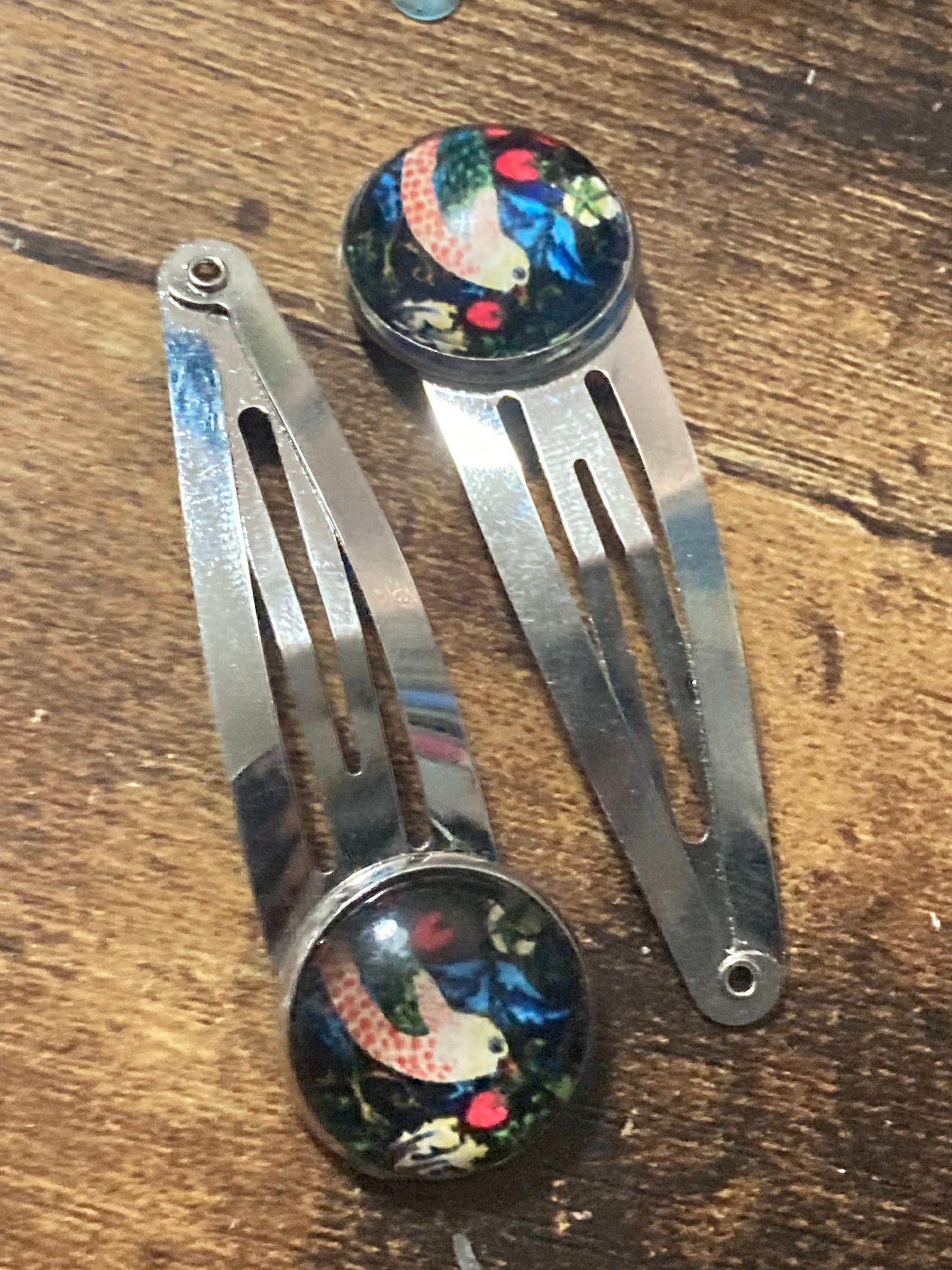 pair of William Morris the strawberry thief print hair clips