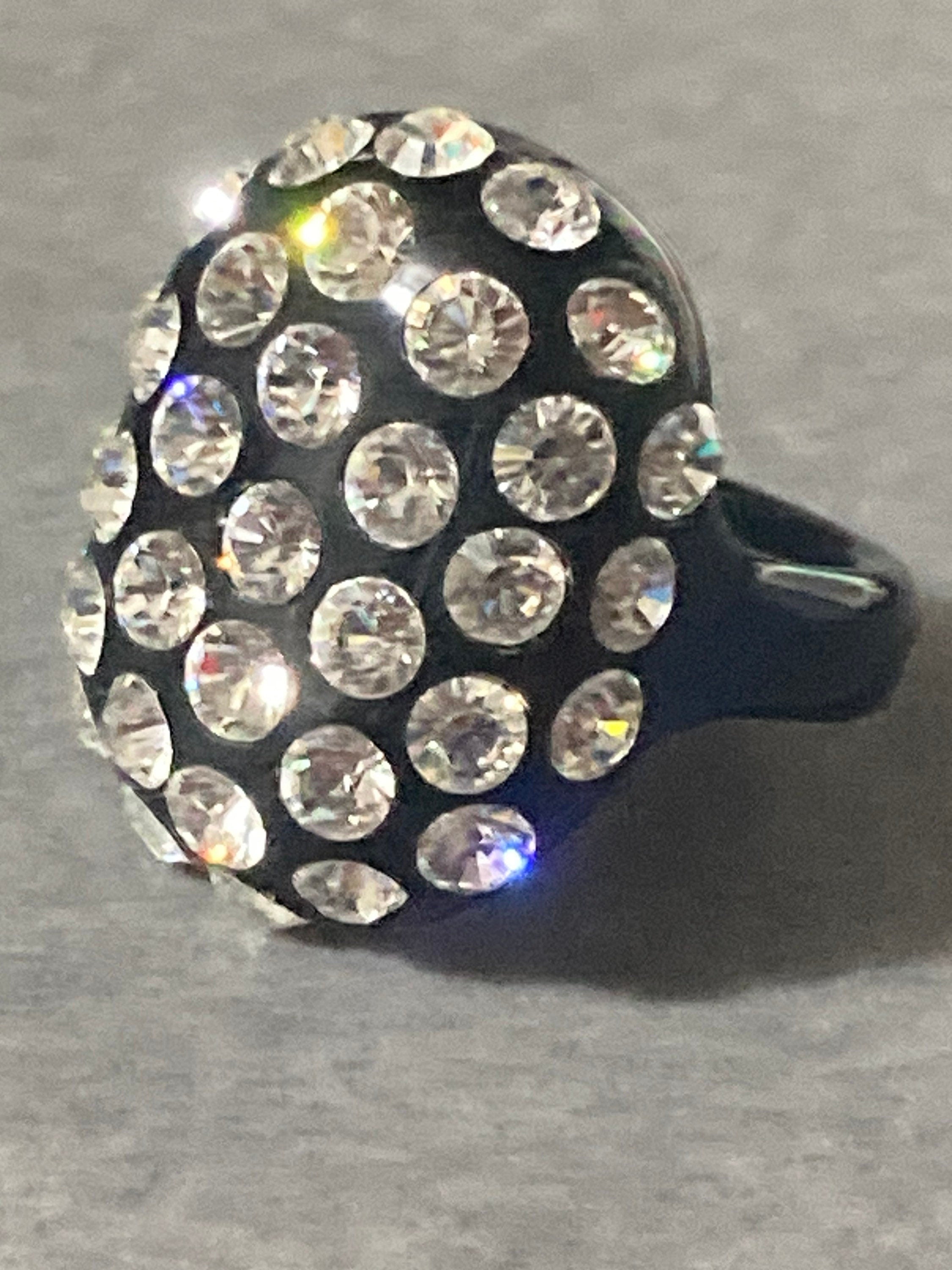 black plastic rhinestone ring, Art Deco style size P