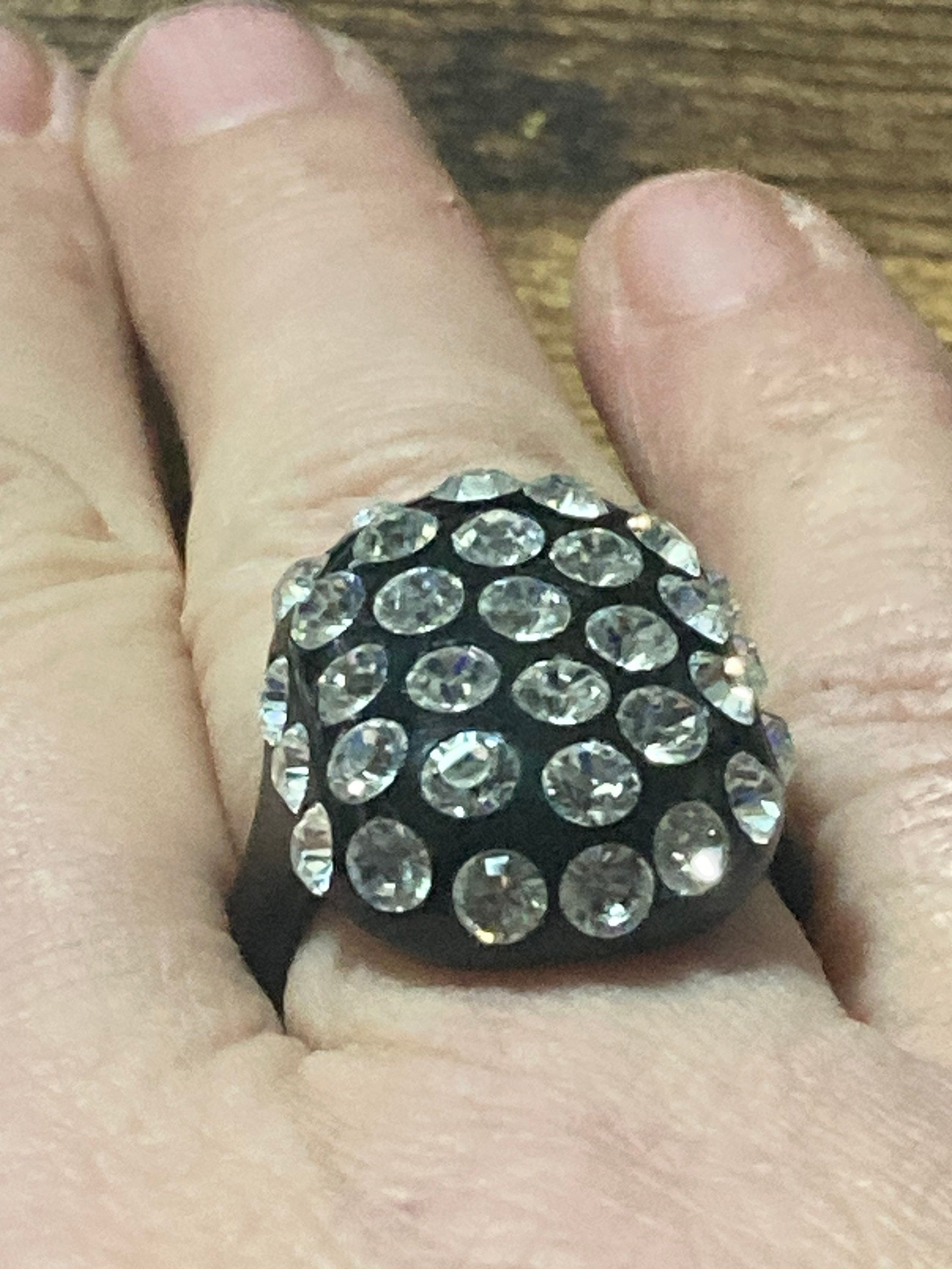 black plastic rhinestone ring, Art Deco style size P
