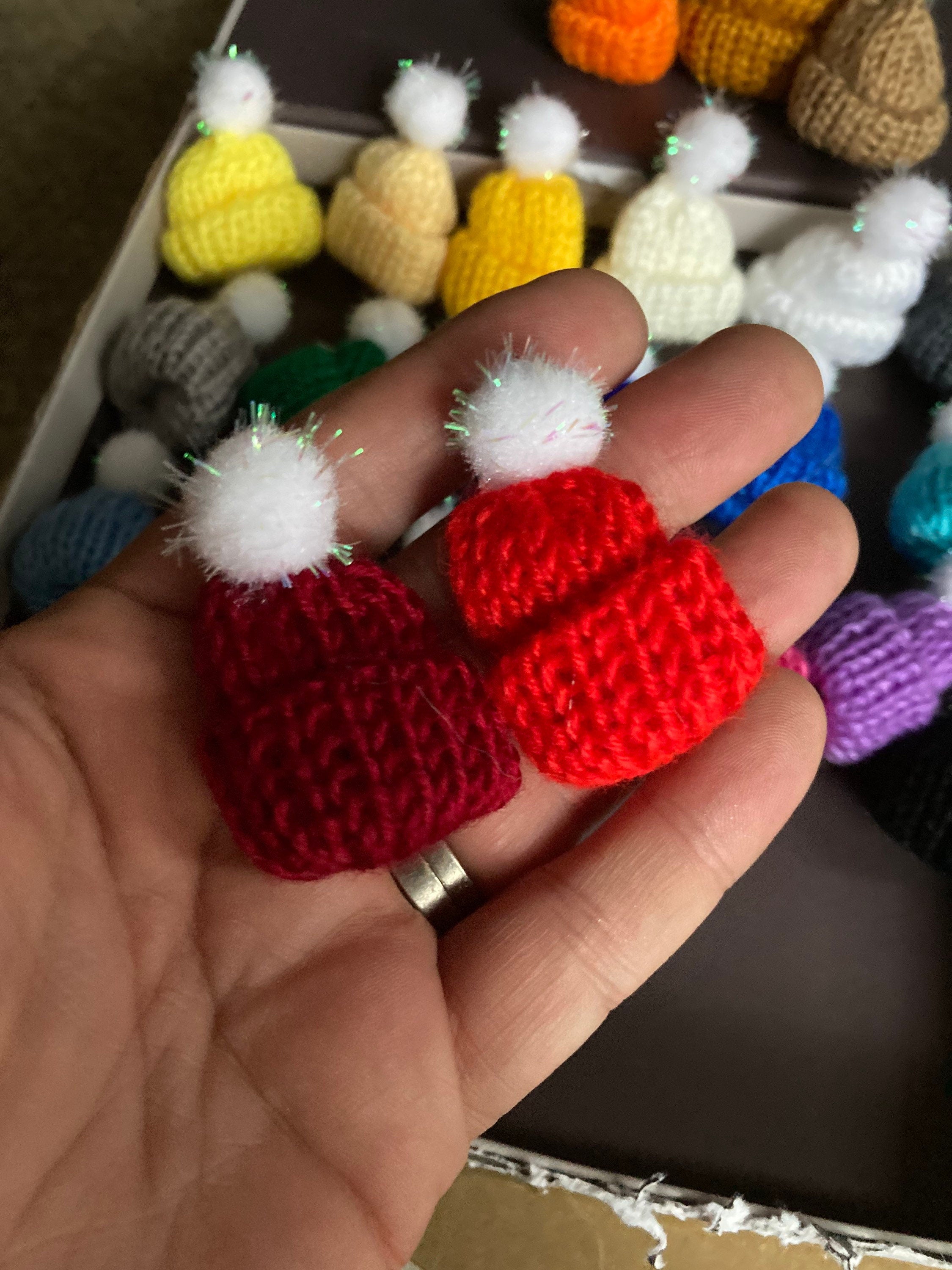 Mini knitted bobble hats cake topper decorations, wool craft bottle tops price per hat