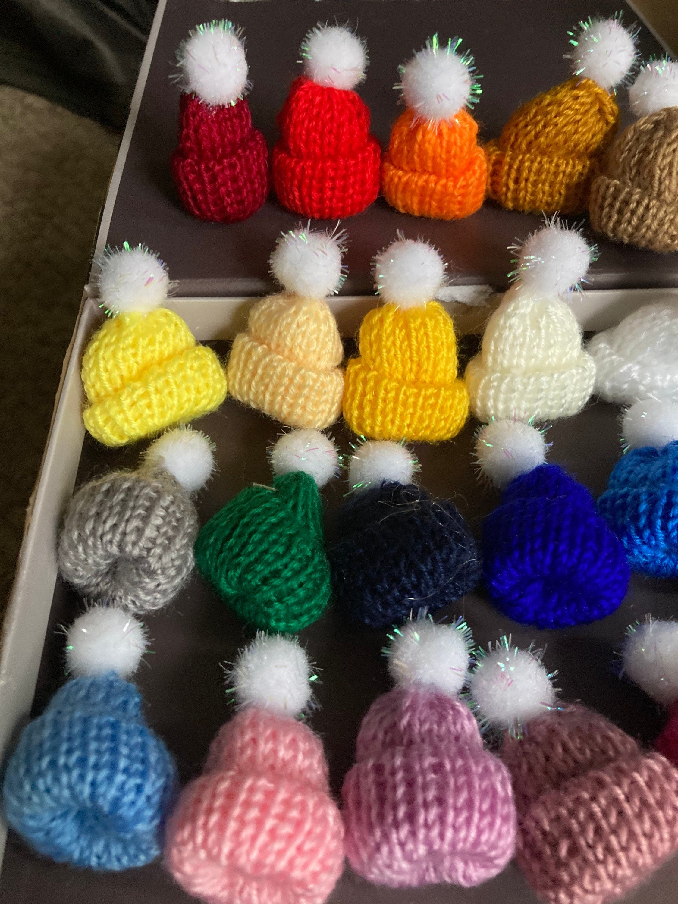 Mini knitted bobble hats cake topper decorations, wool craft bottle tops price per hat