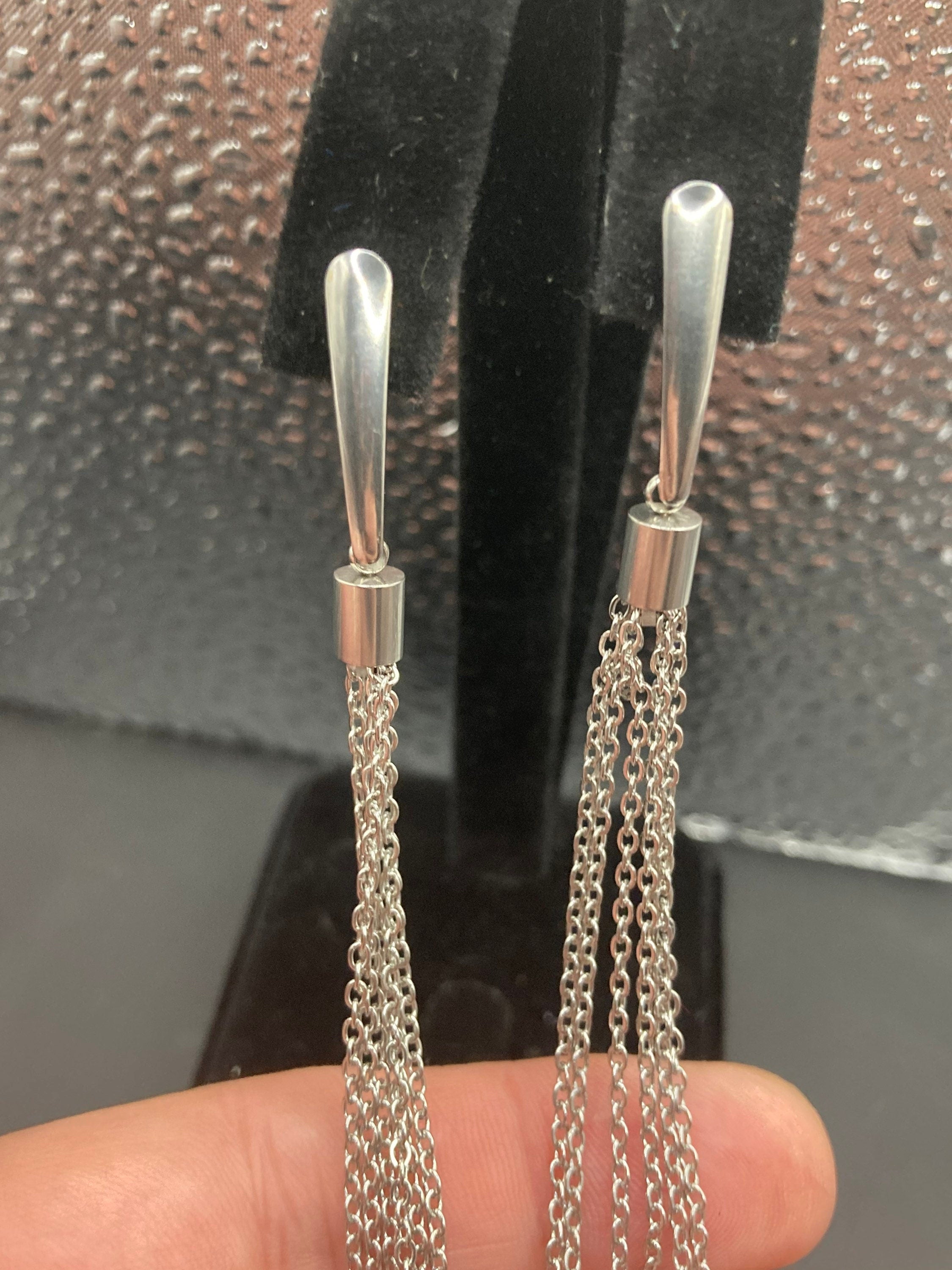 Handmade silver tone chain tassel long drop earrings