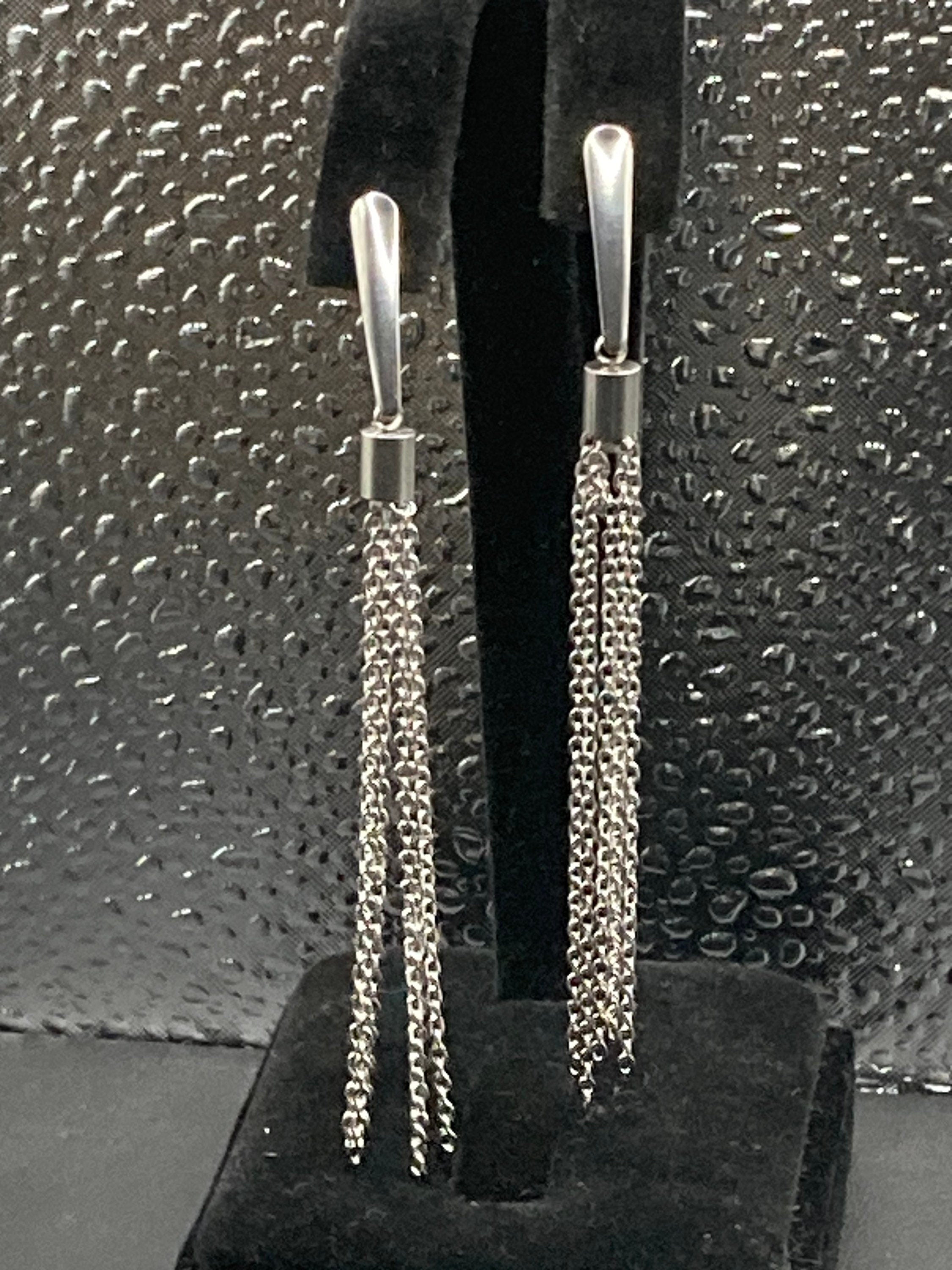 Handmade silver tone chain tassel long drop earrings