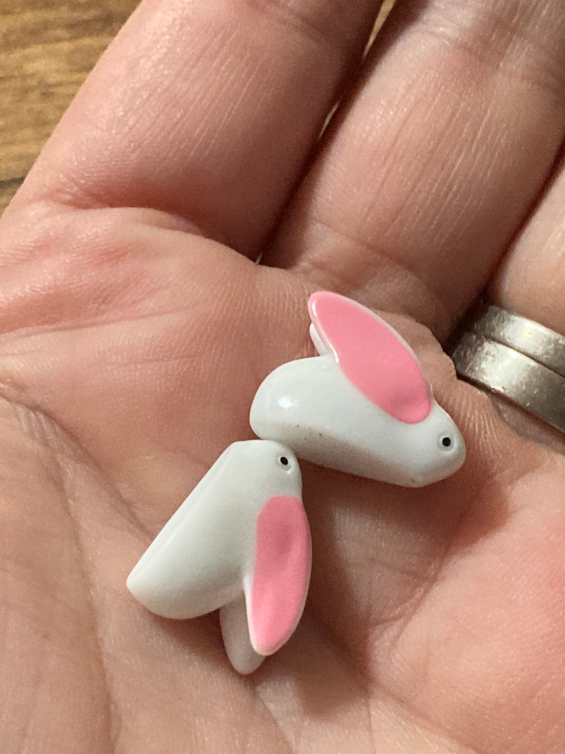 2 x pink white miniature bunny rabbit plastic cake toppers fairy garden decorations