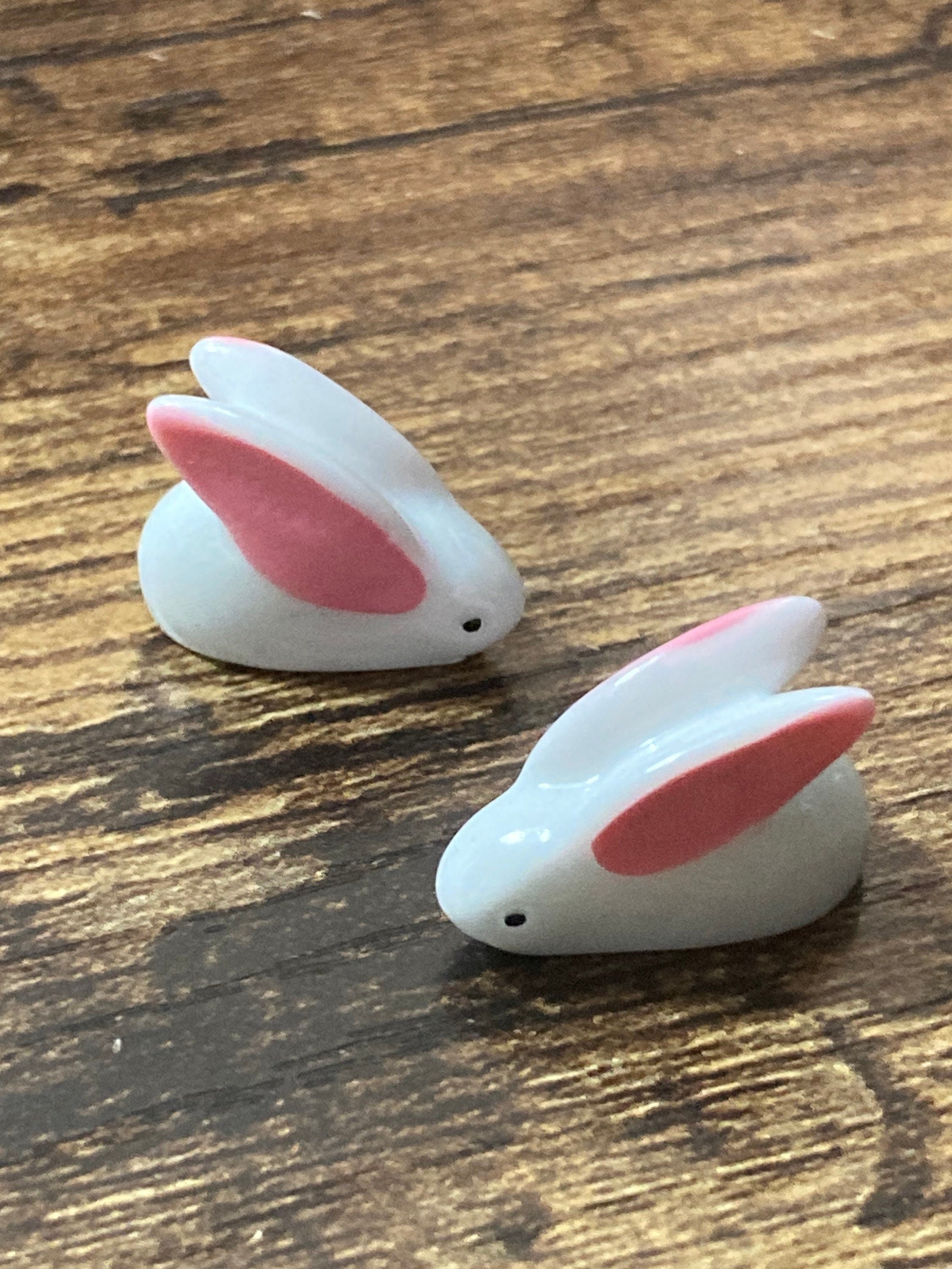 2 x pink white miniature bunny rabbit plastic cake toppers fairy garden decorations