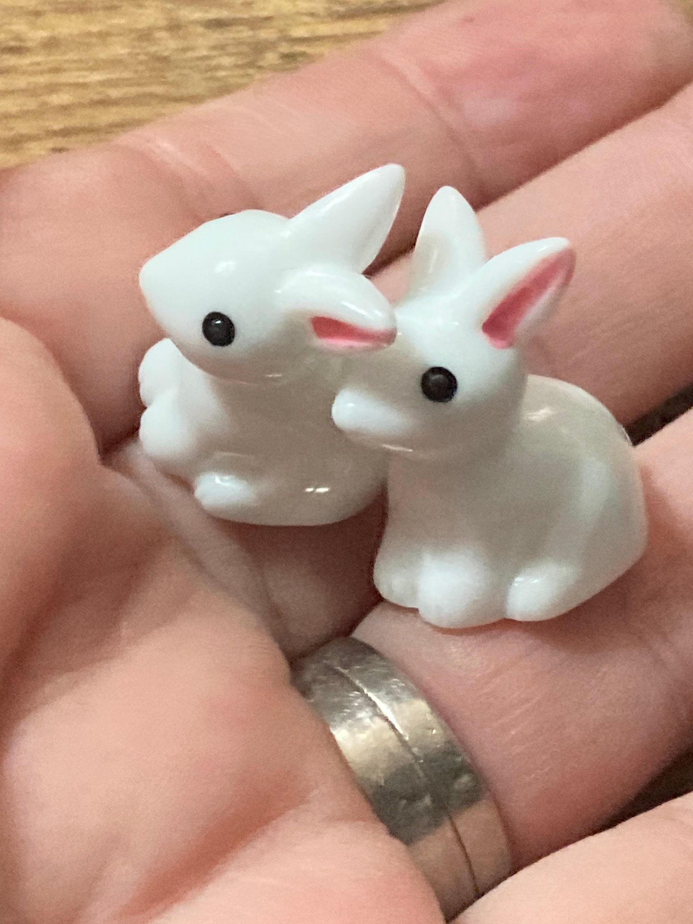 2 x sitting miniature bunny rabbit plastic cake toppers pink white fairy garden decorations