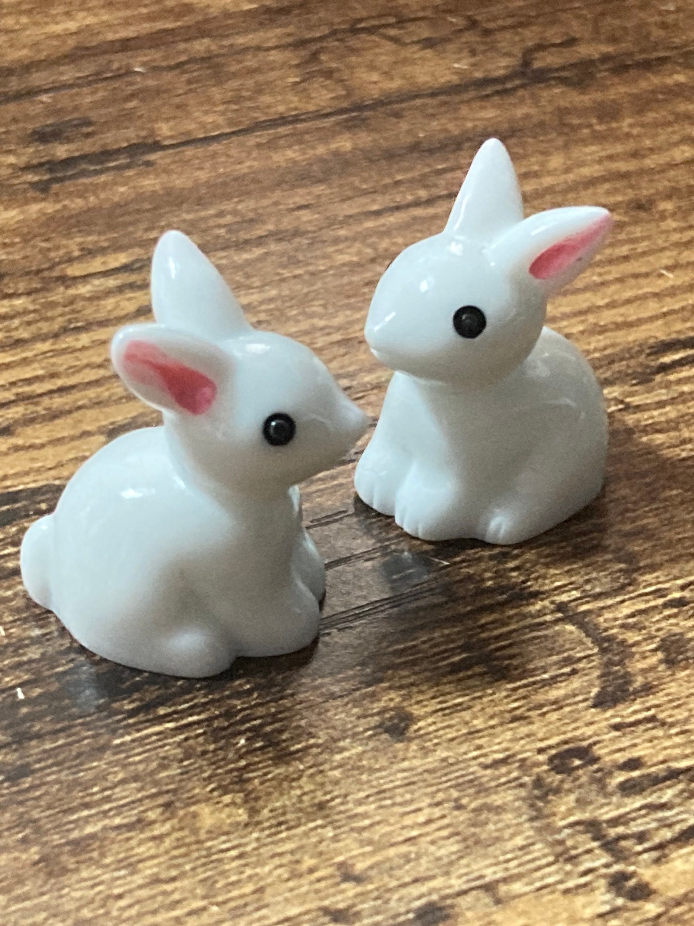 2 x sitting miniature bunny rabbit plastic cake toppers pink white fairy garden decorations