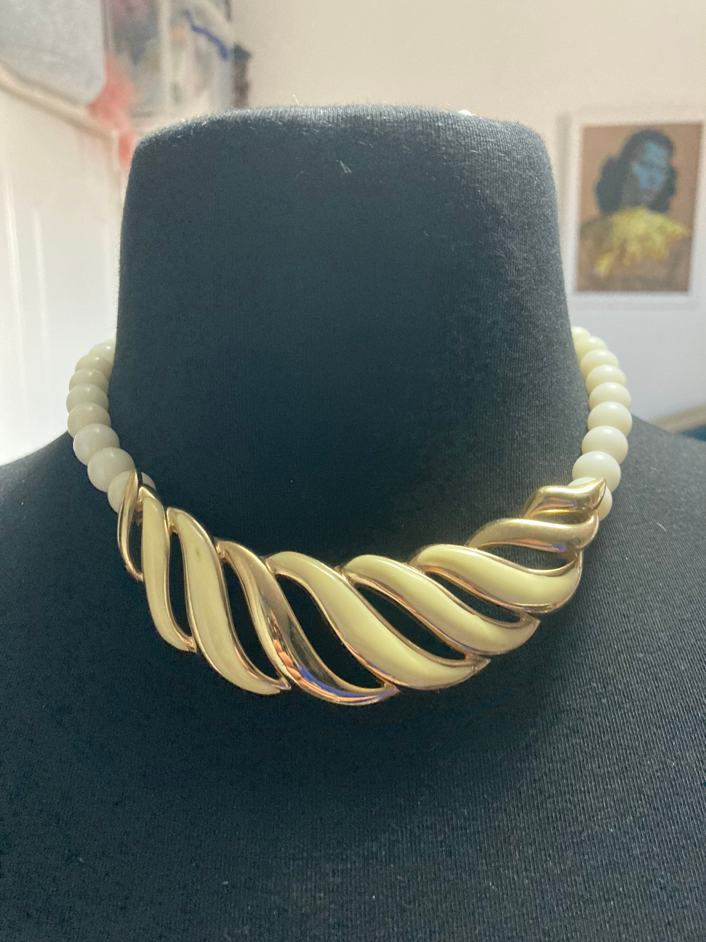 vintage gold tone cream enamel choker chunky necklace