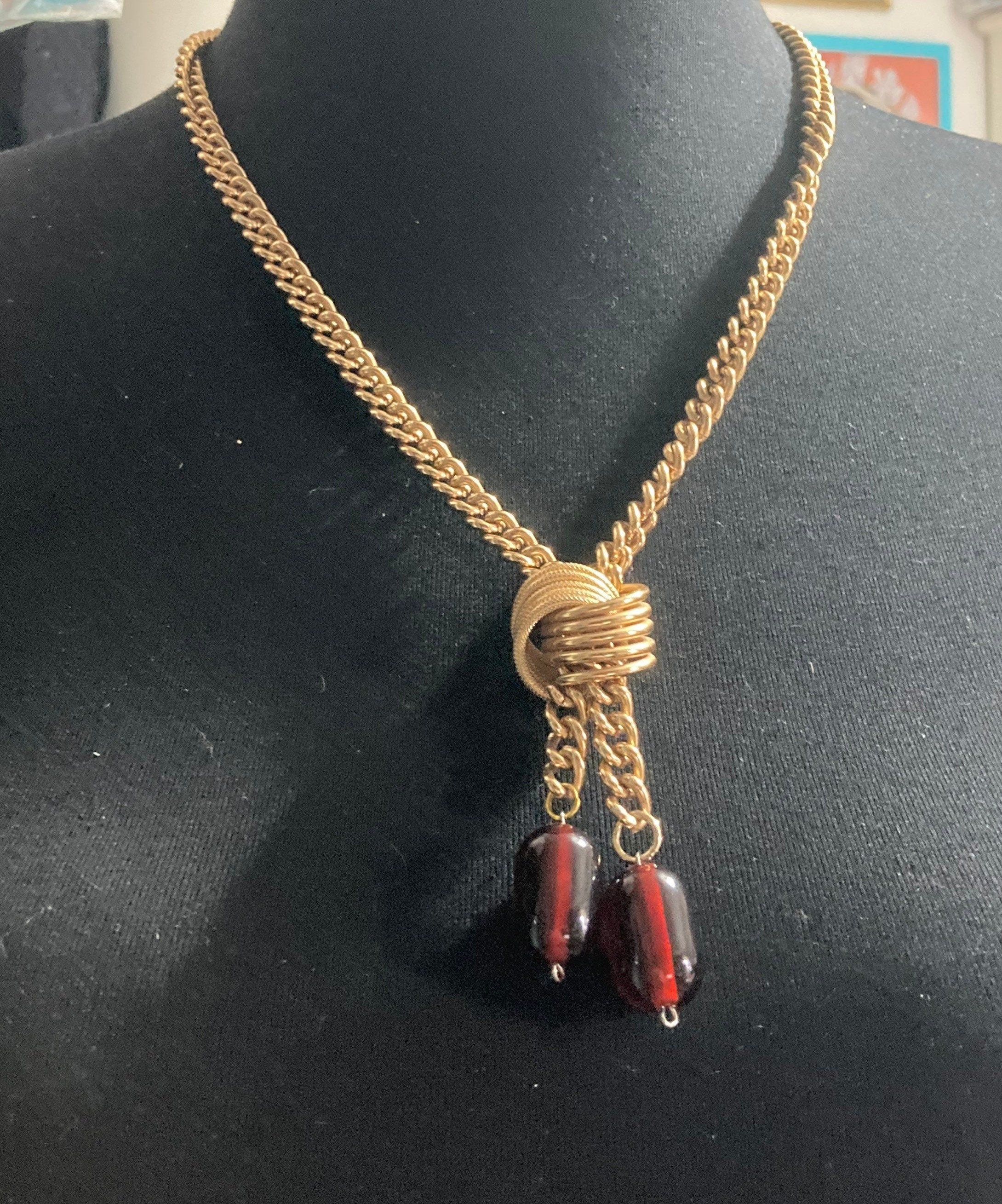 Vintage brown plastic beaded gold tone lariat drop chain necklace