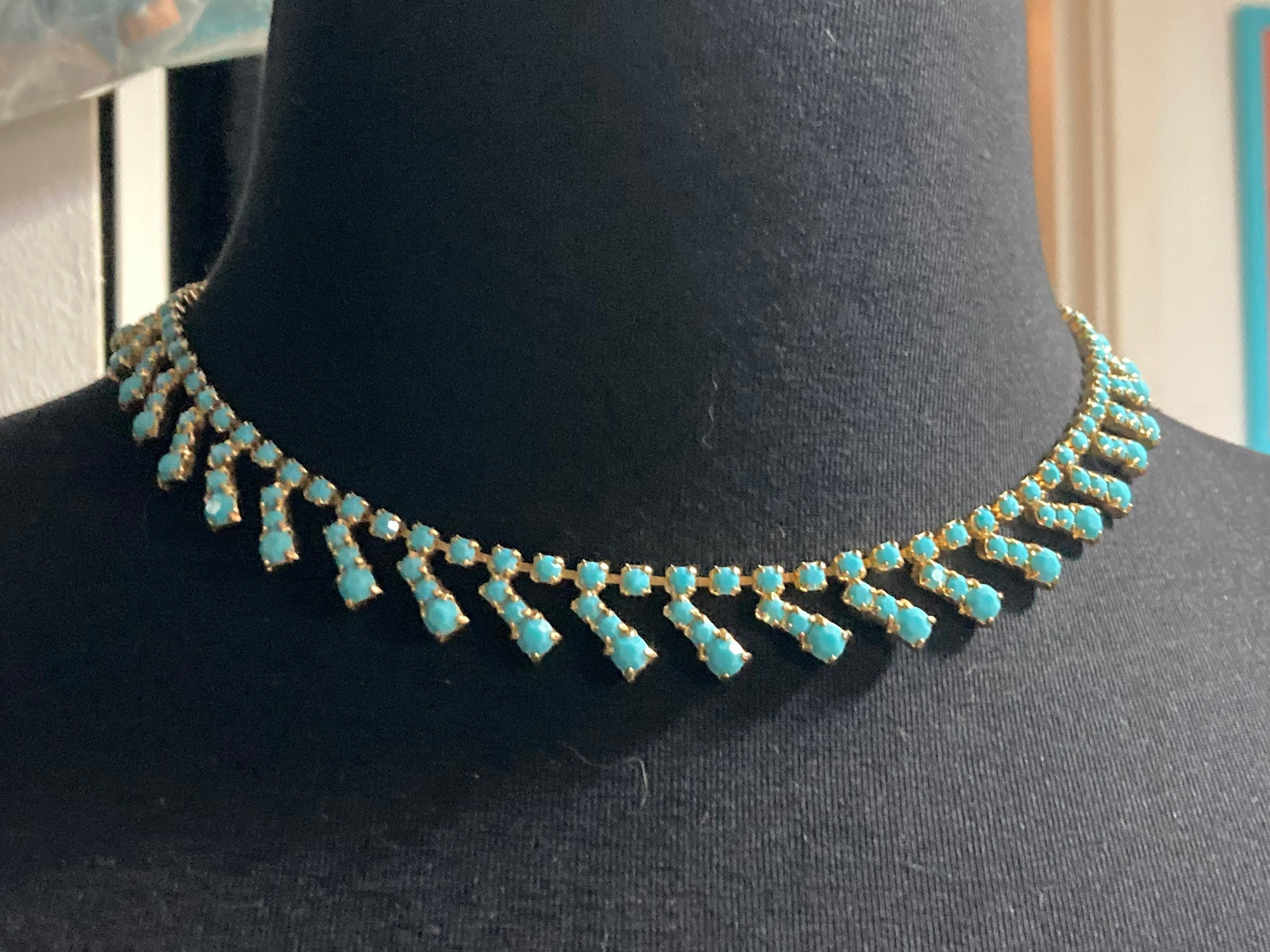 Vintage 1960s 1970s gold tone choker necklace with turquoise glass paste stones