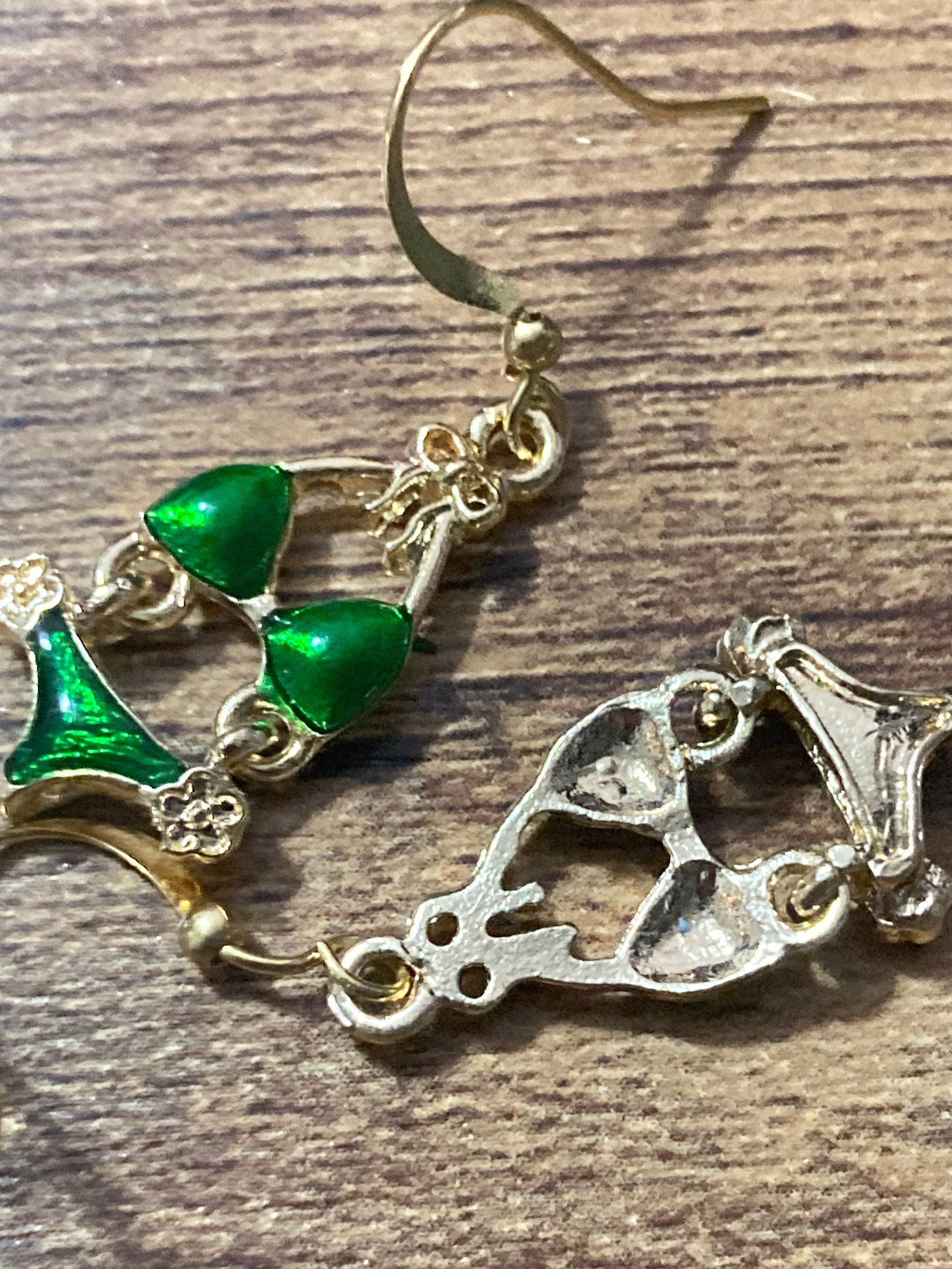 Gold & bright green enamel summer bikini drop earrings
