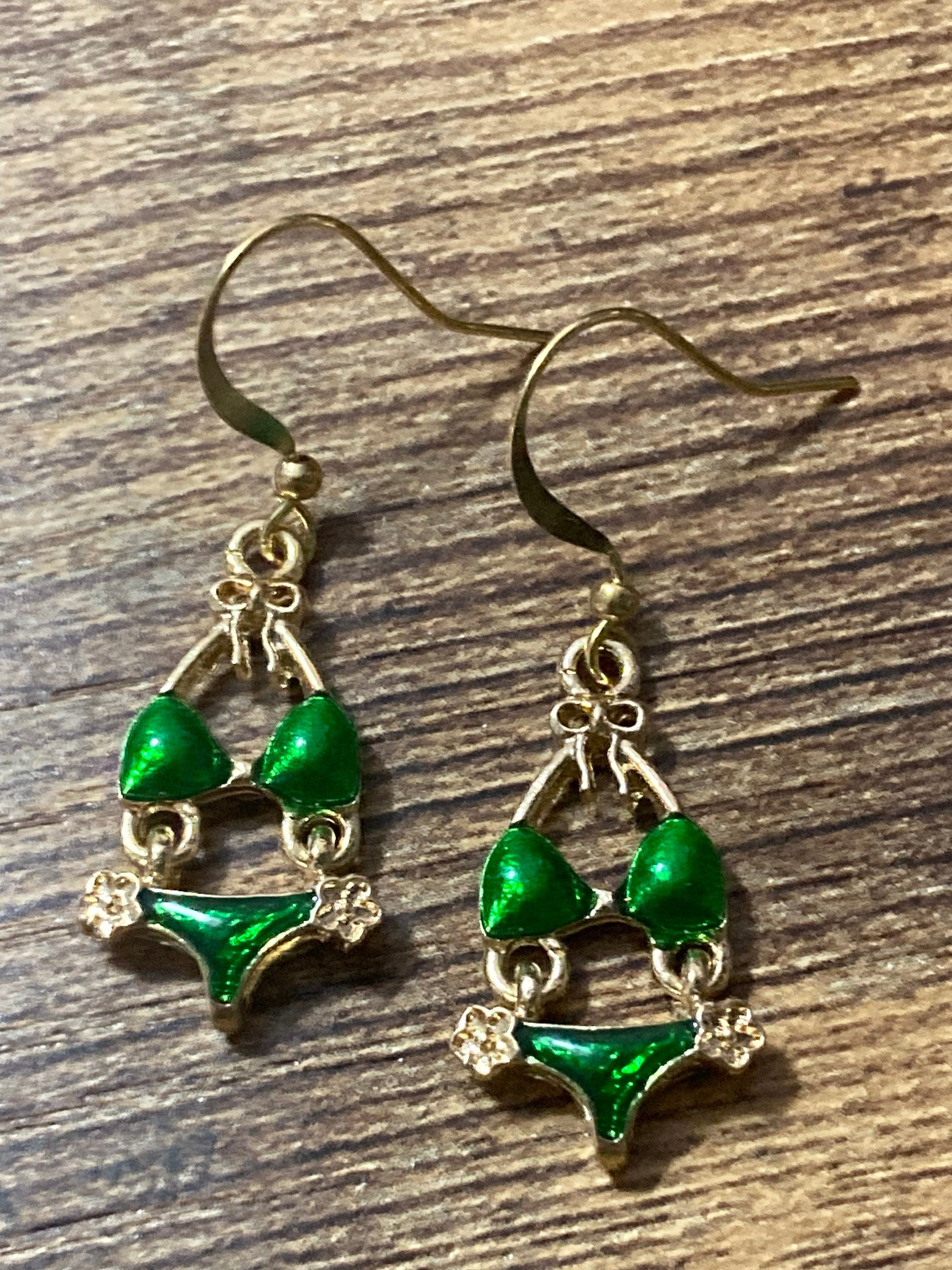 Gold & bright green enamel summer bikini drop earrings