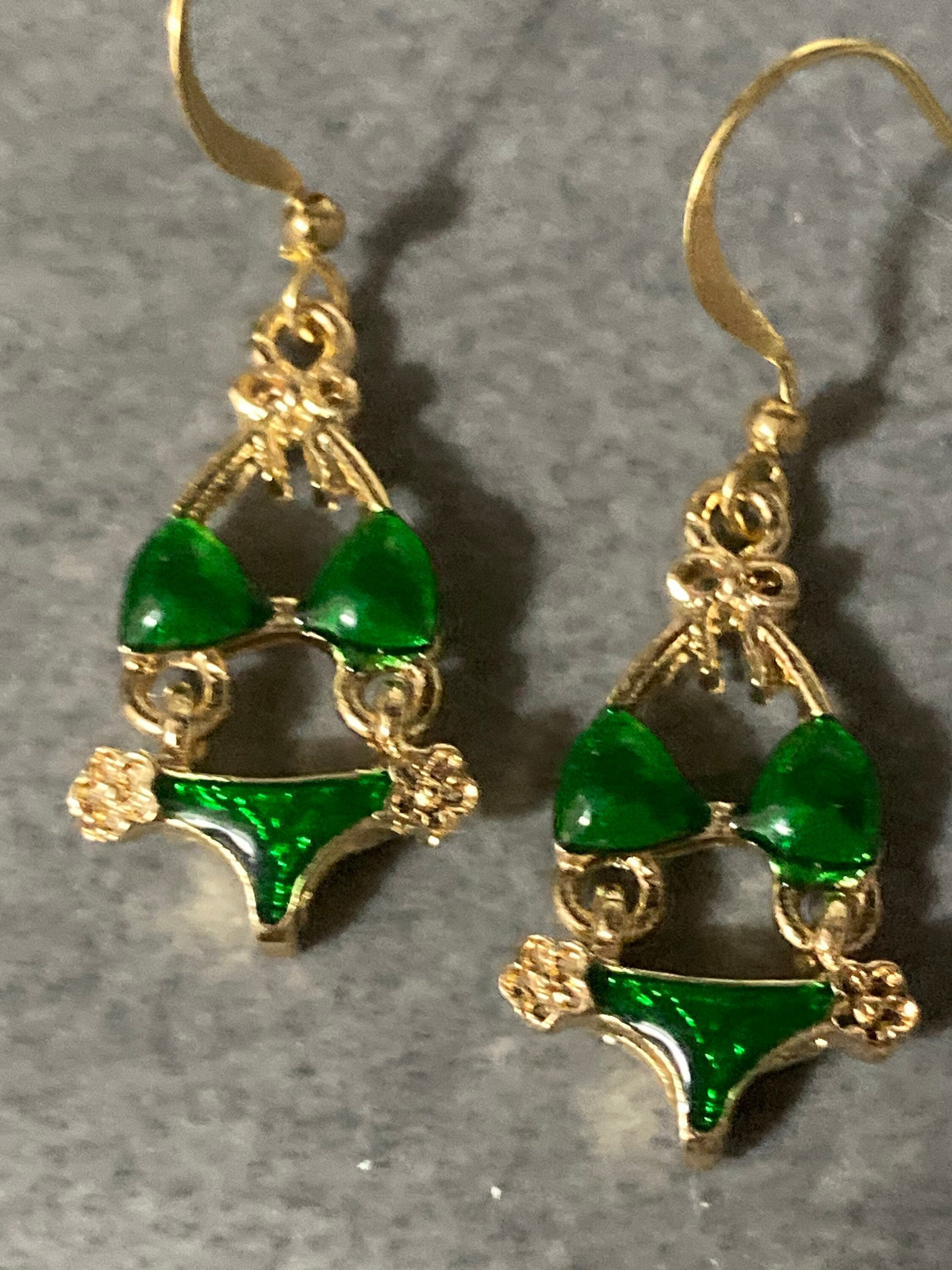 Gold & bright green enamel summer bikini drop earrings