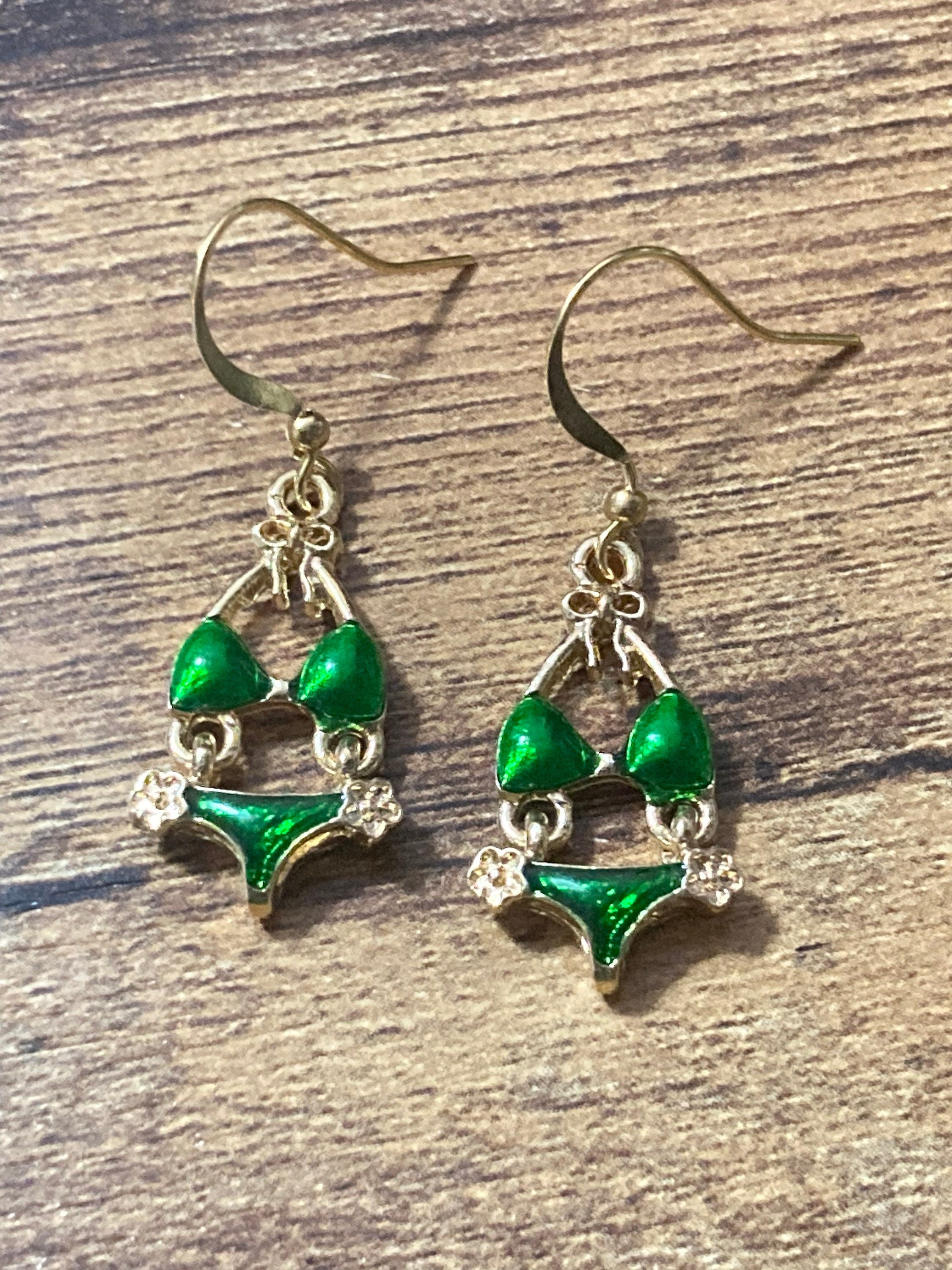 Gold & bright green enamel summer bikini drop earrings