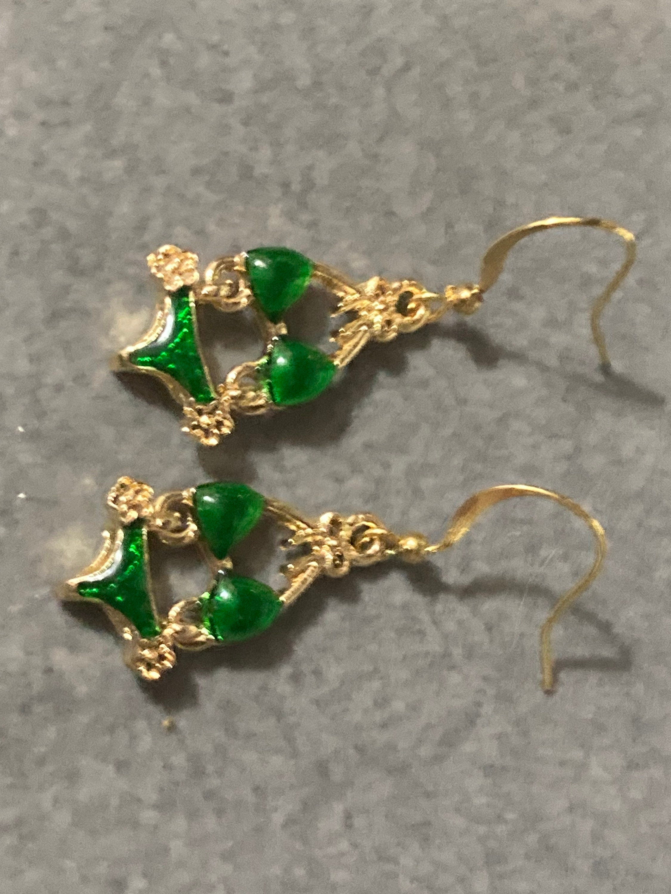 Gold & bright green enamel summer bikini drop earrings