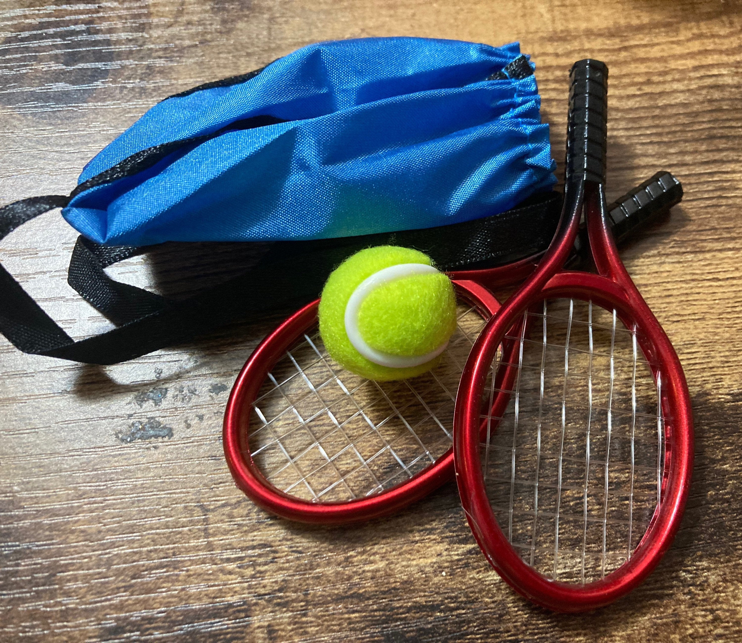 Miniature tennis cake topper decoration, 2 racquets and a ball dolls accessory