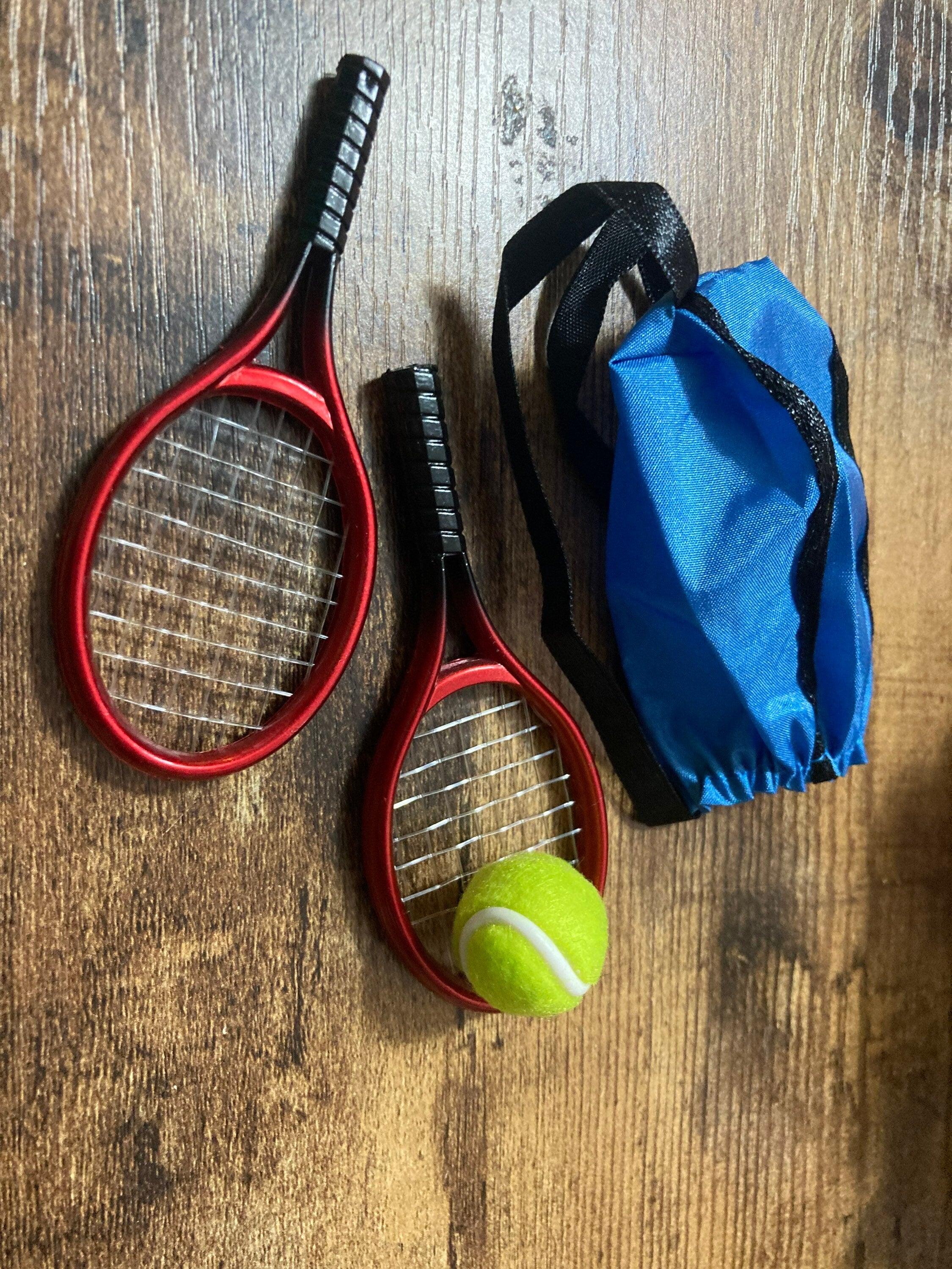 Miniature tennis cake topper decoration, 2 racquets and a ball dolls accessory