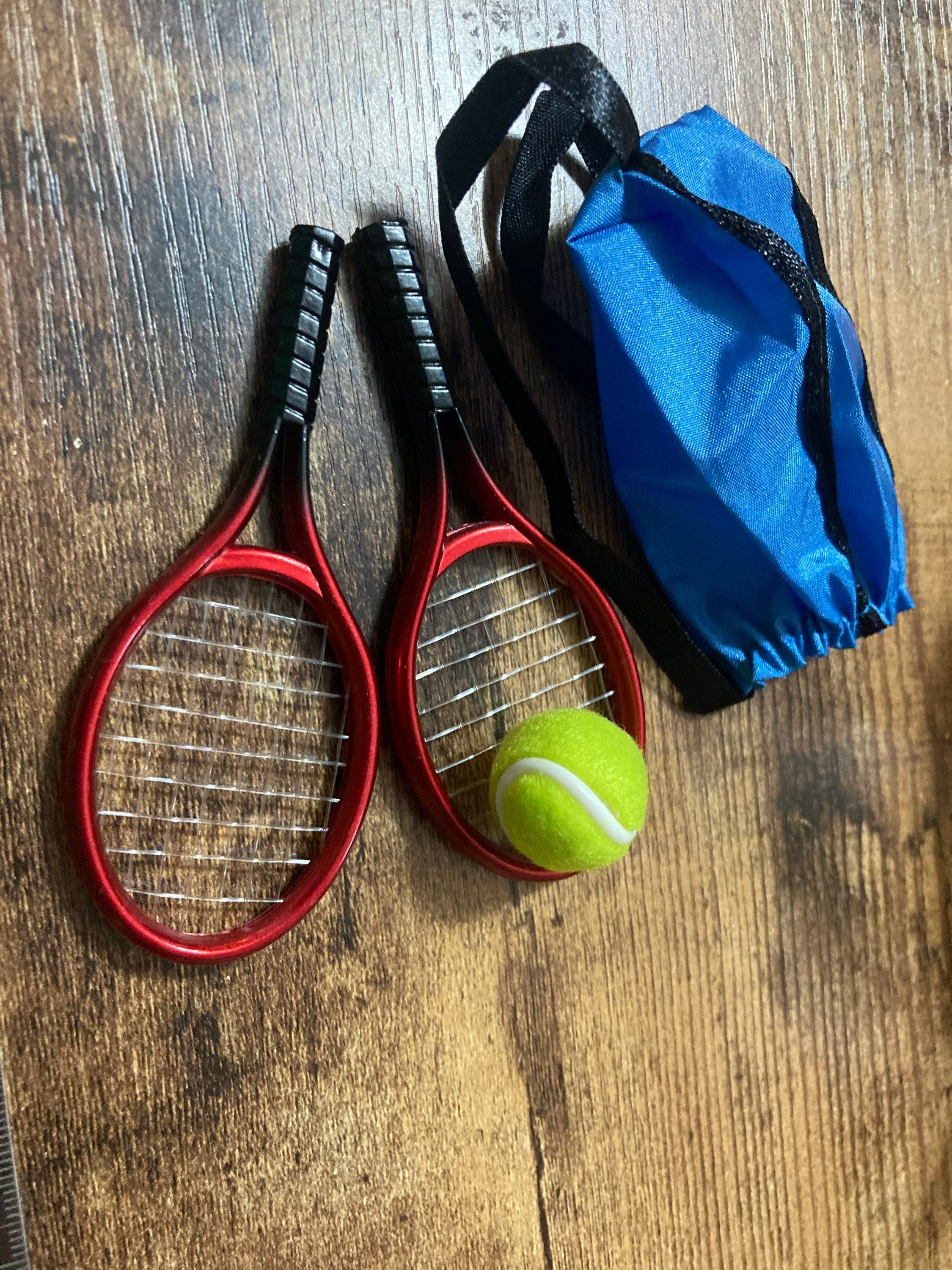 Miniature tennis cake topper decoration, 2 racquets and a ball dolls accessory