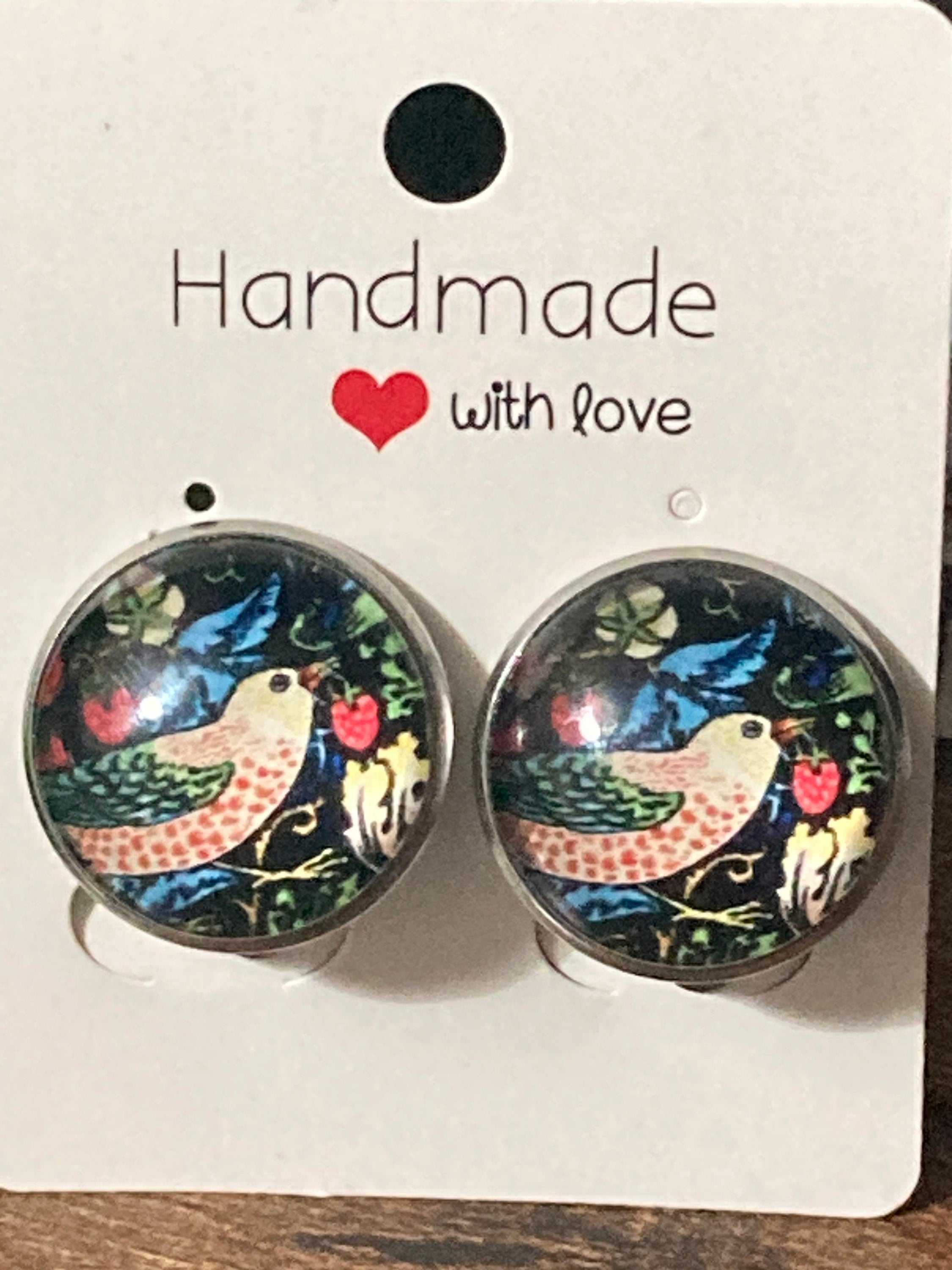 William Morris strawberry thief print clip on stud earrings round glass cabochon
