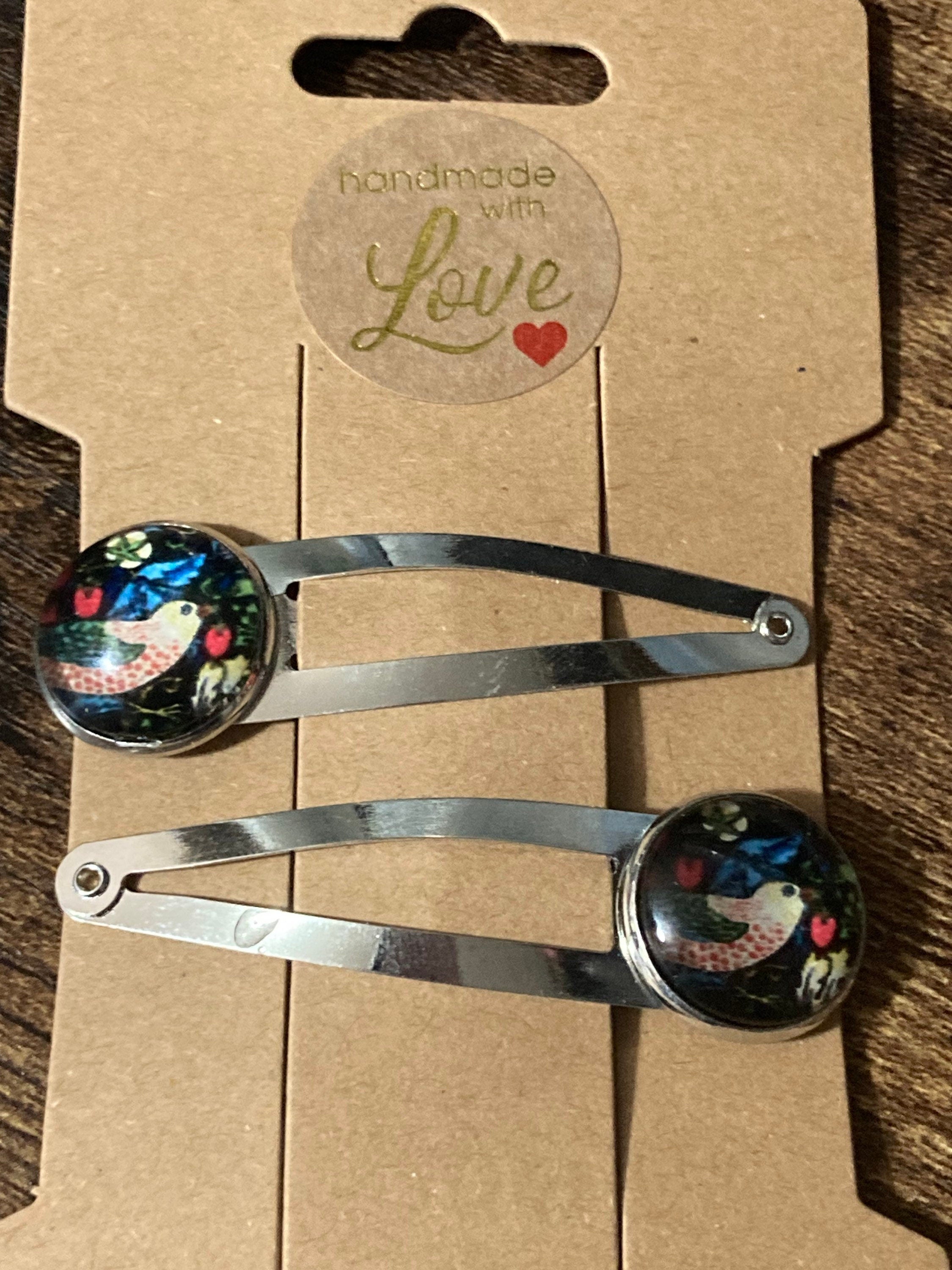 pair of William Morris the strawberry thief print hair clips