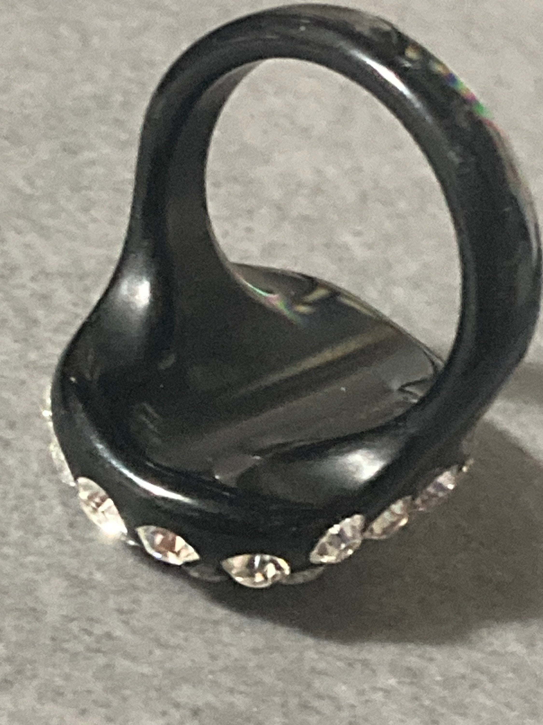 black plastic rhinestone ring, Art Deco style size P