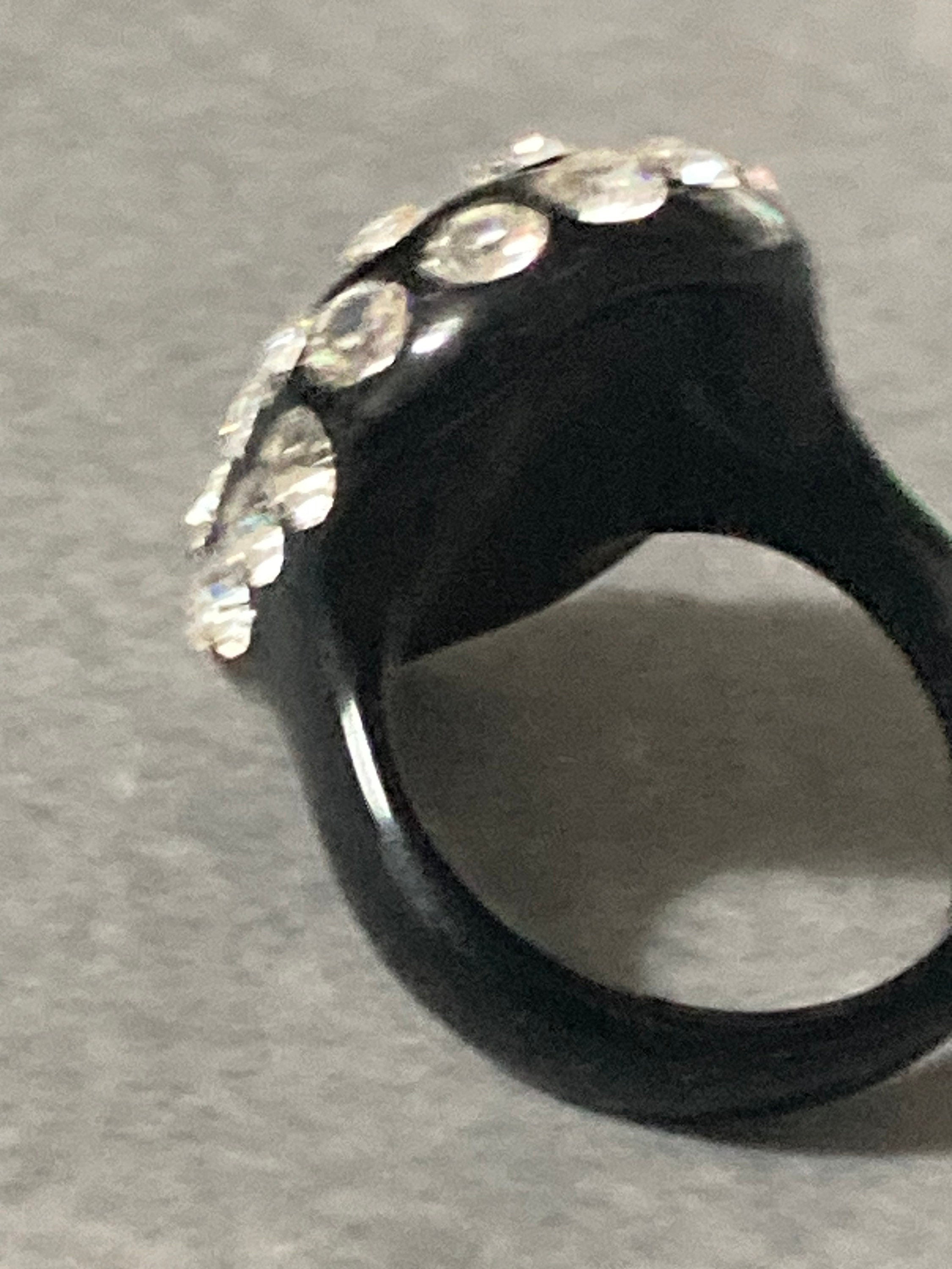 black plastic rhinestone ring, Art Deco style size P