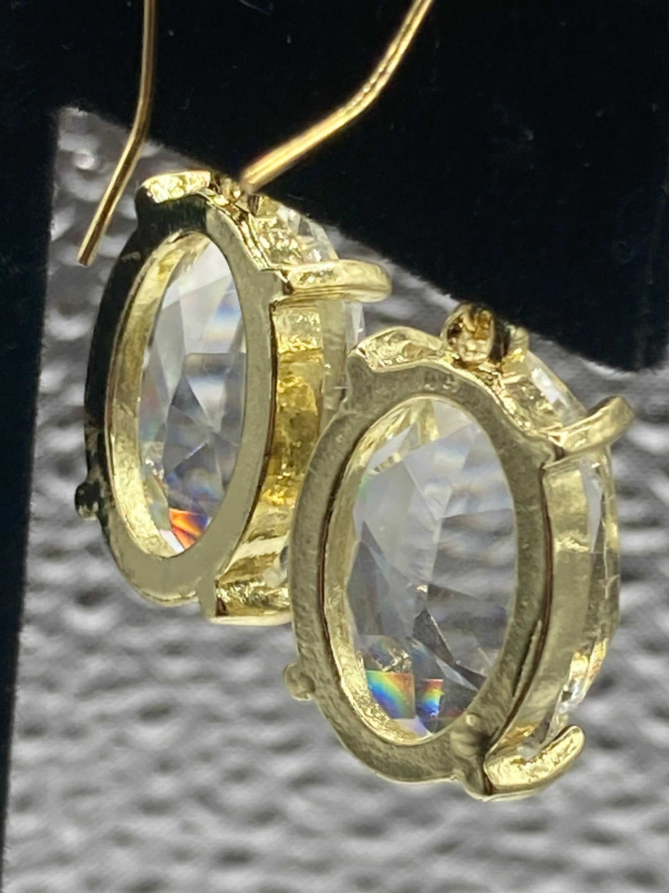 Gold tone large oval faceted crystal diamanté rhinestone earrings