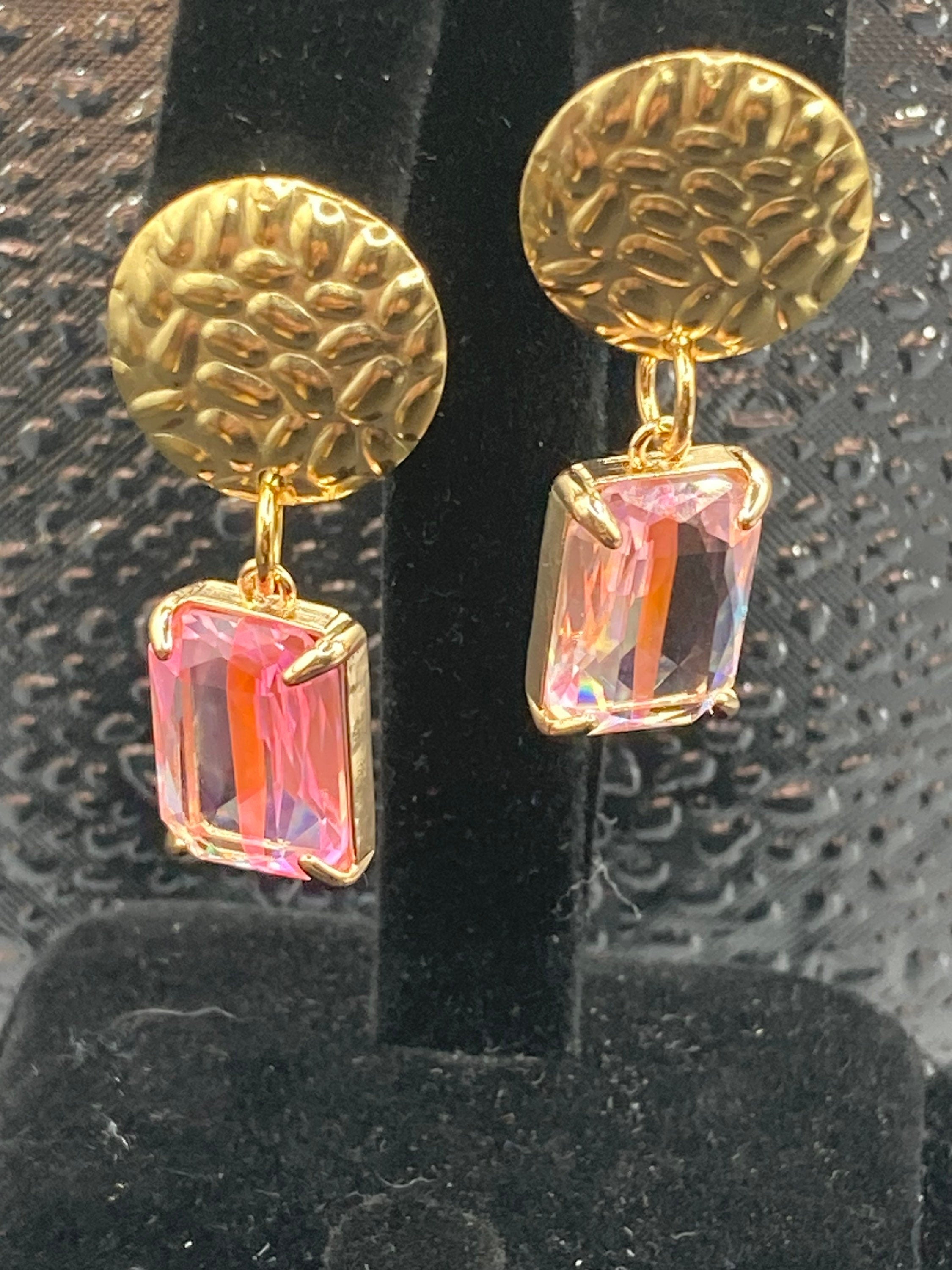 rainbow pink Crystal diamanté drop earrings, gold plated