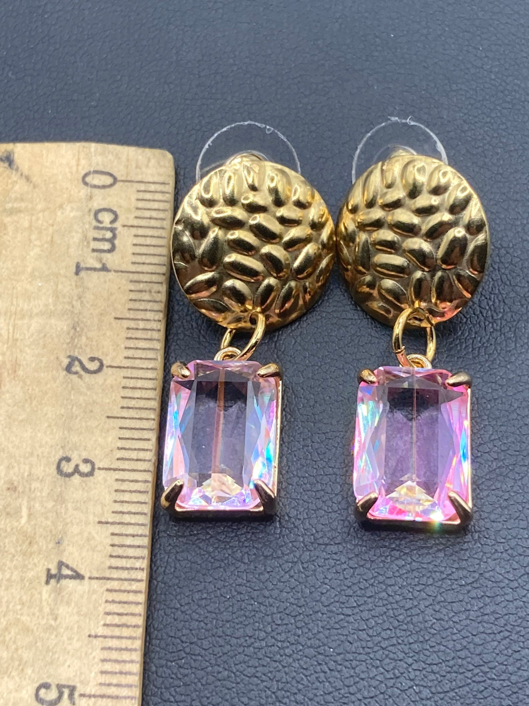 rainbow pink Crystal diamanté drop earrings, gold plated