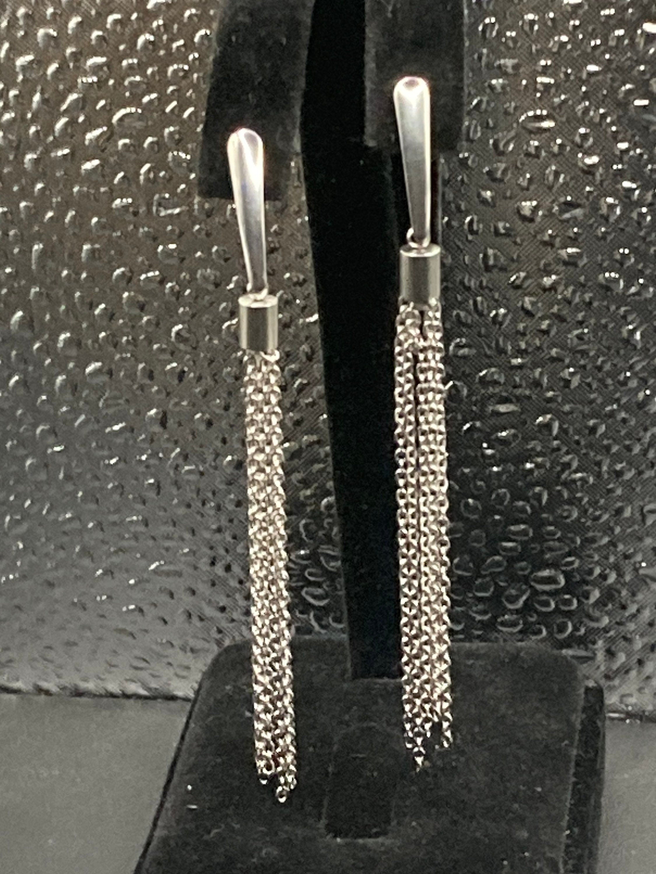 Handmade silver tone chain tassel long drop earrings