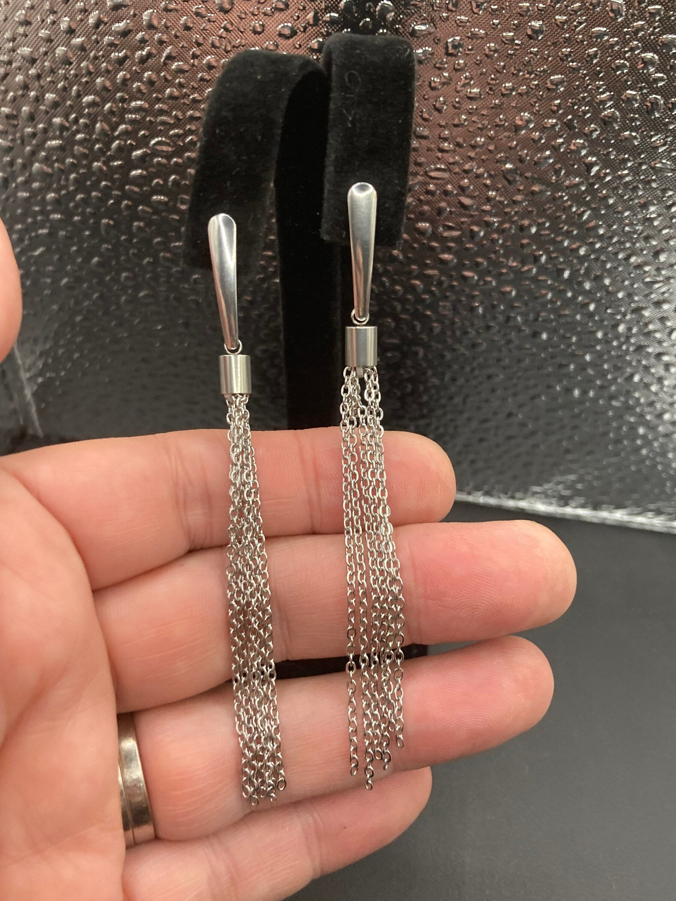 Handmade silver tone chain tassel long drop earrings