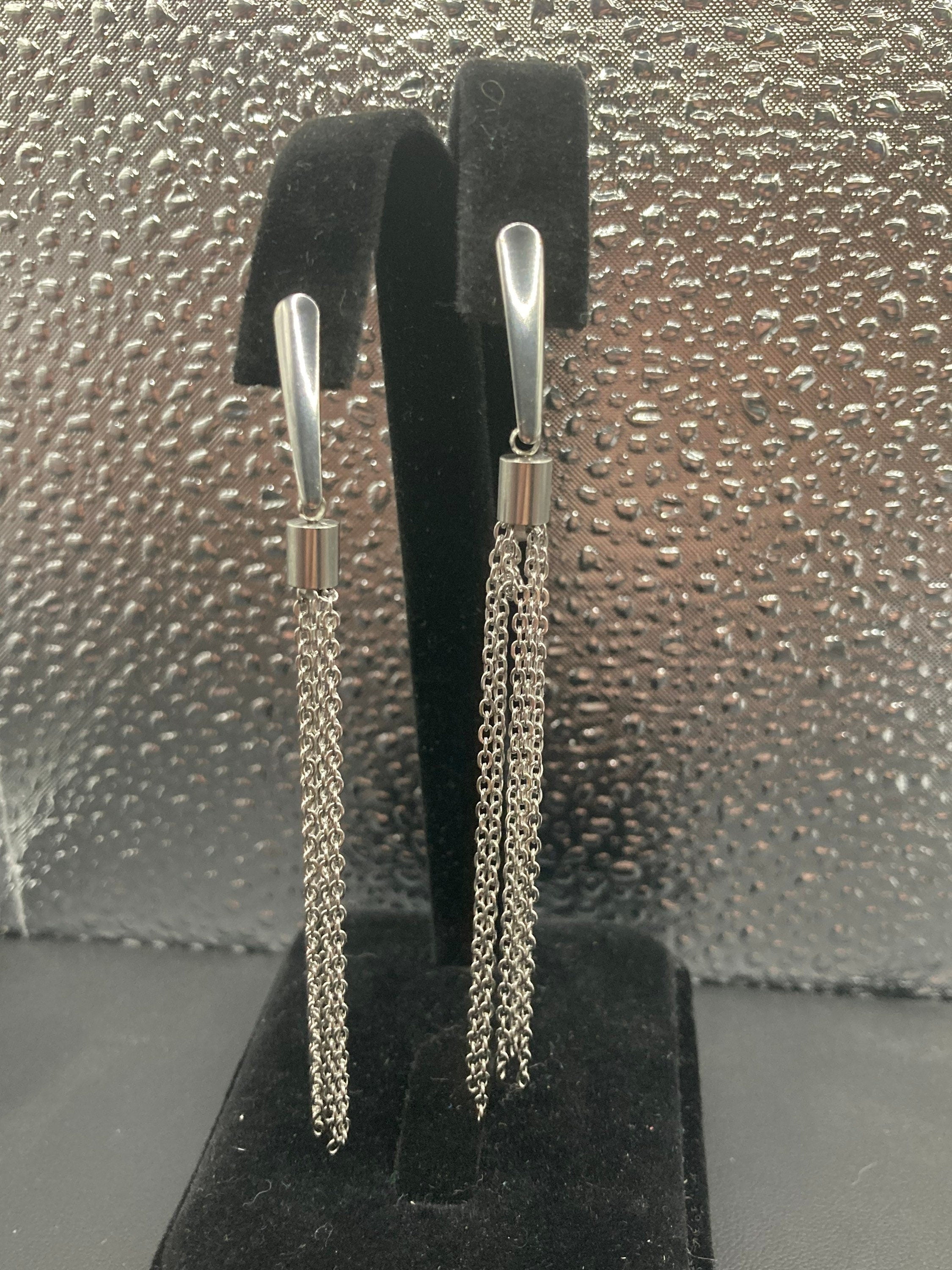 Handmade silver tone chain tassel long drop earrings