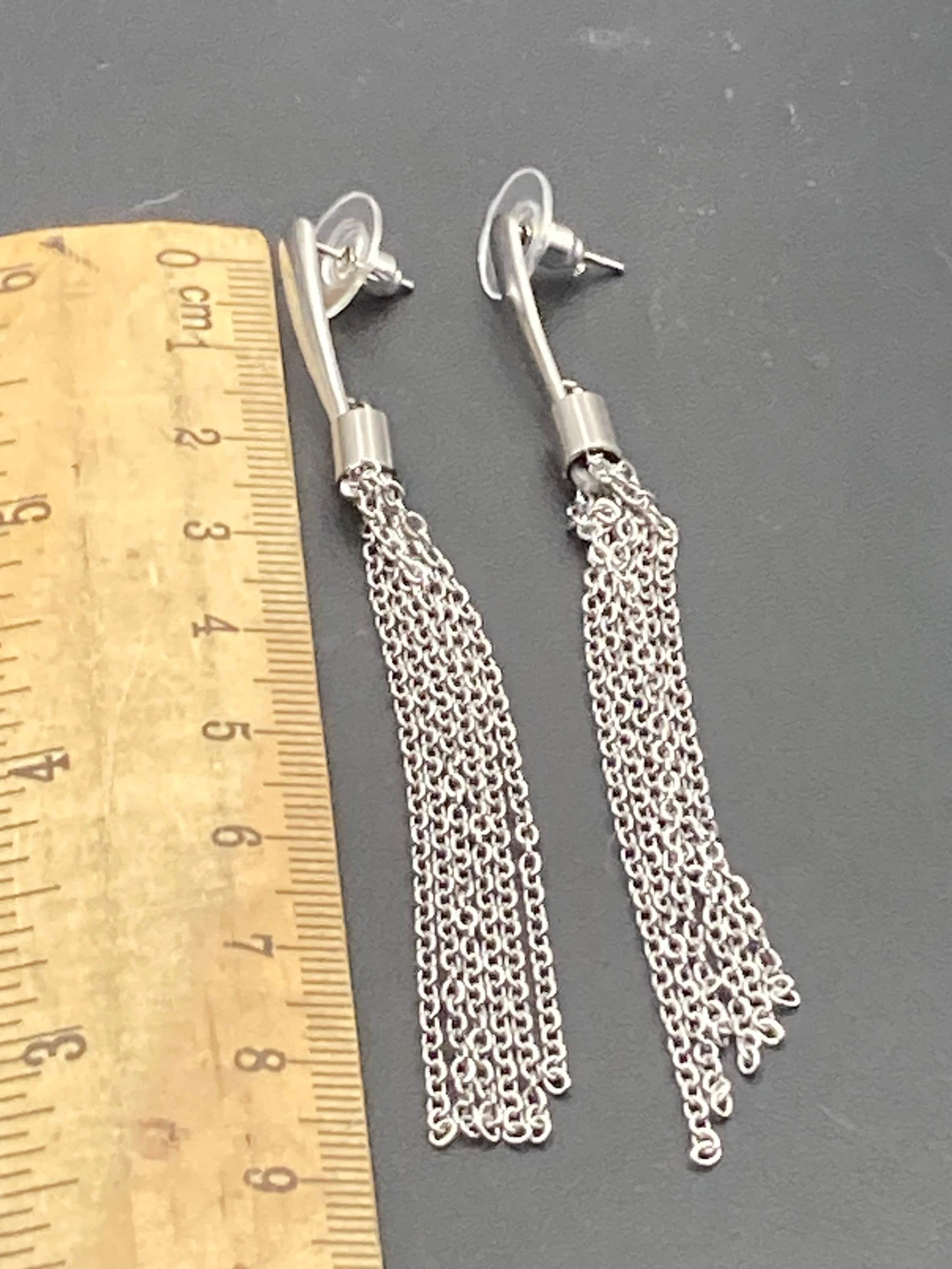 Handmade silver tone chain tassel long drop earrings