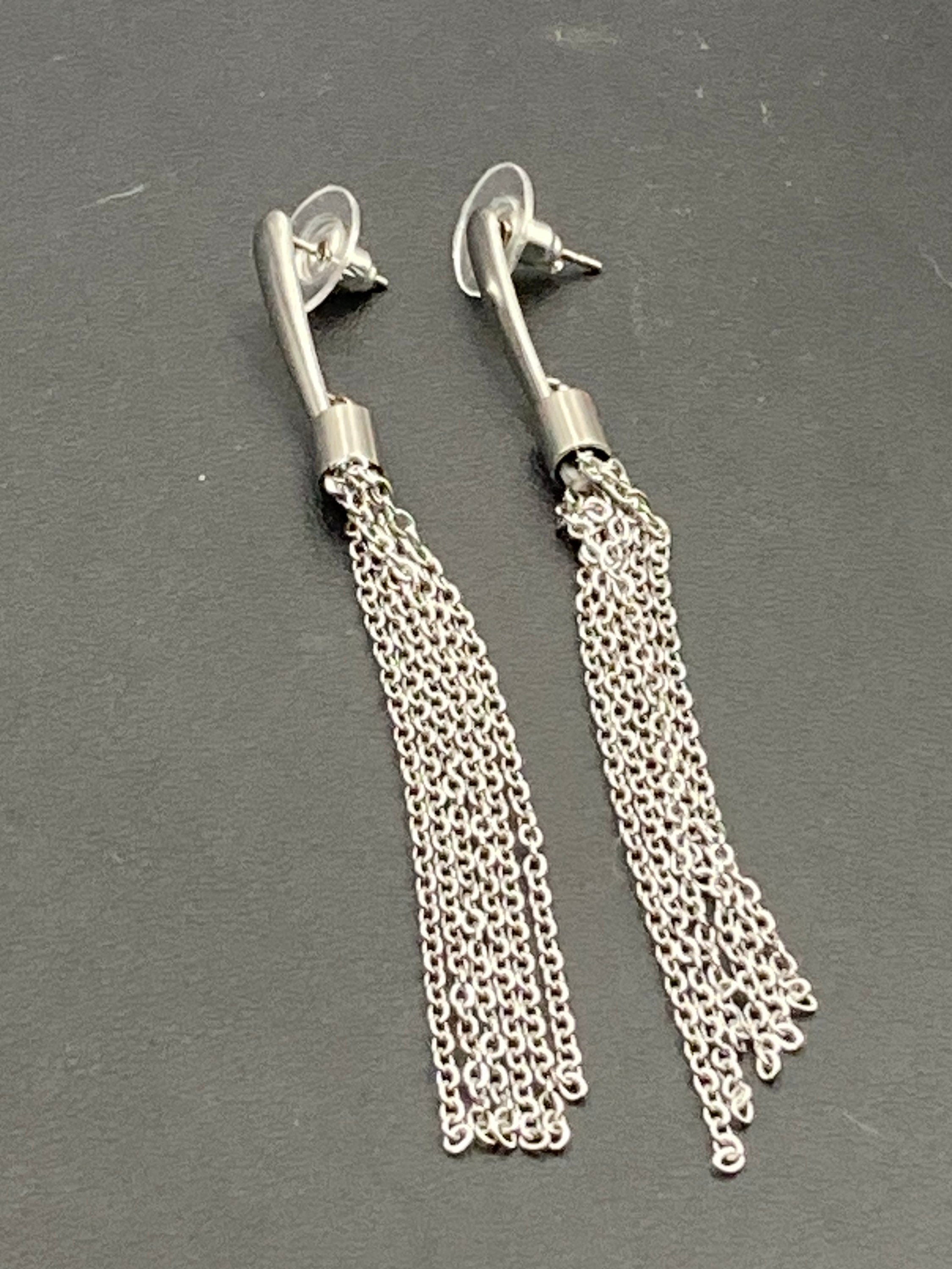 Handmade silver tone chain tassel long drop earrings