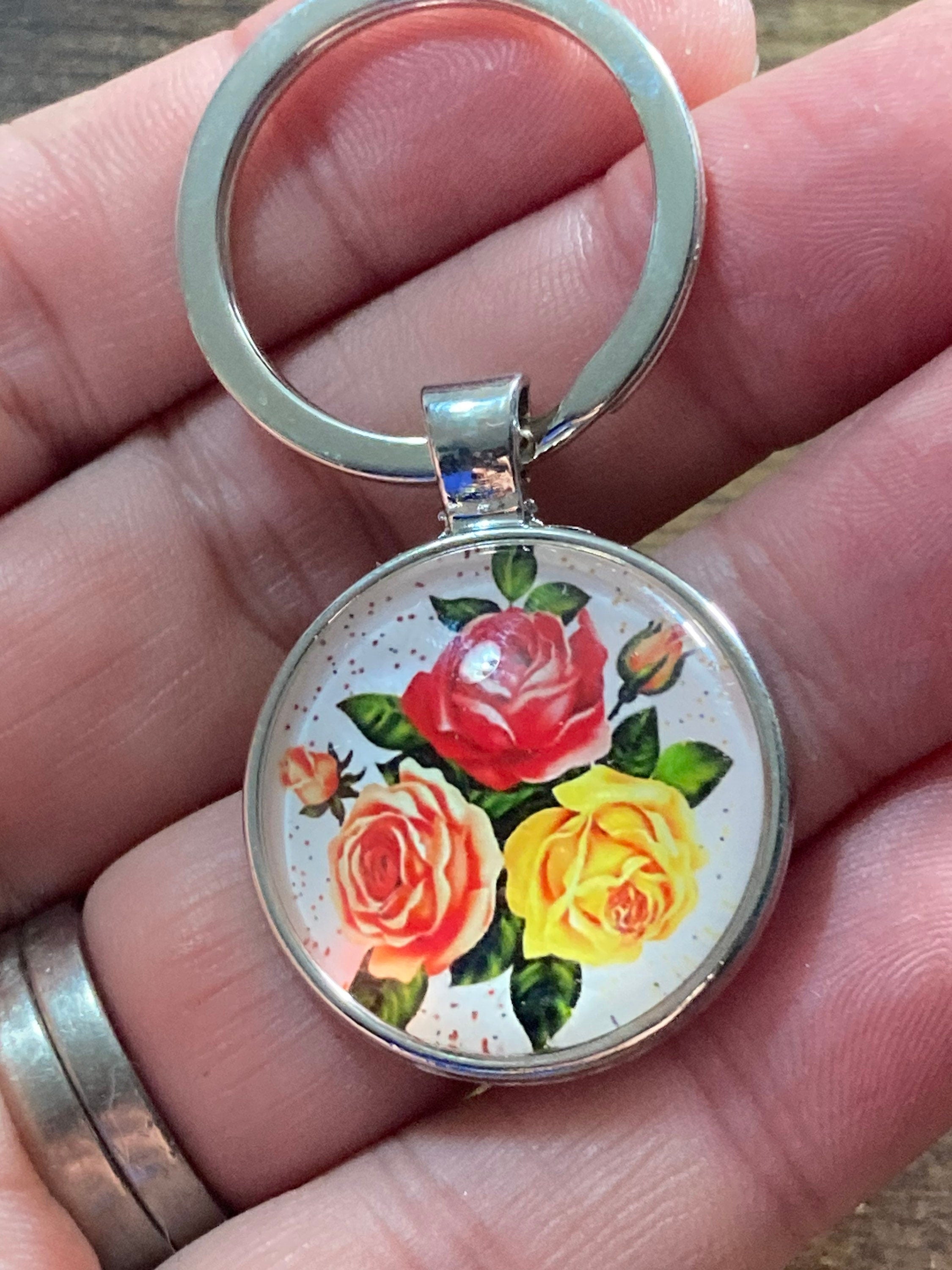 Handmade garden flowers yellow red roses silver tone keyring with 25mm glass cabochon