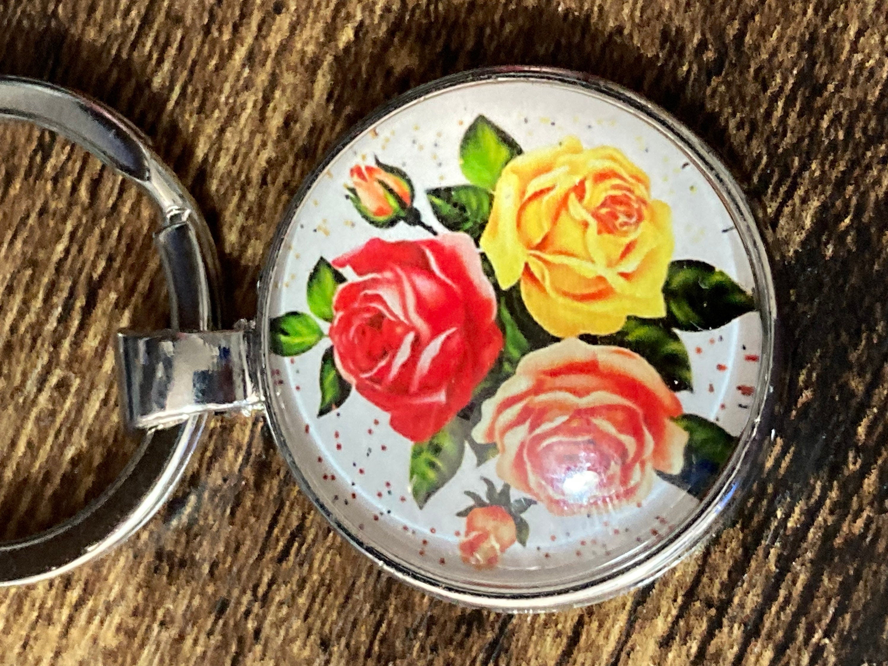 Handmade garden flowers yellow red roses silver tone keyring with 25mm glass cabochon