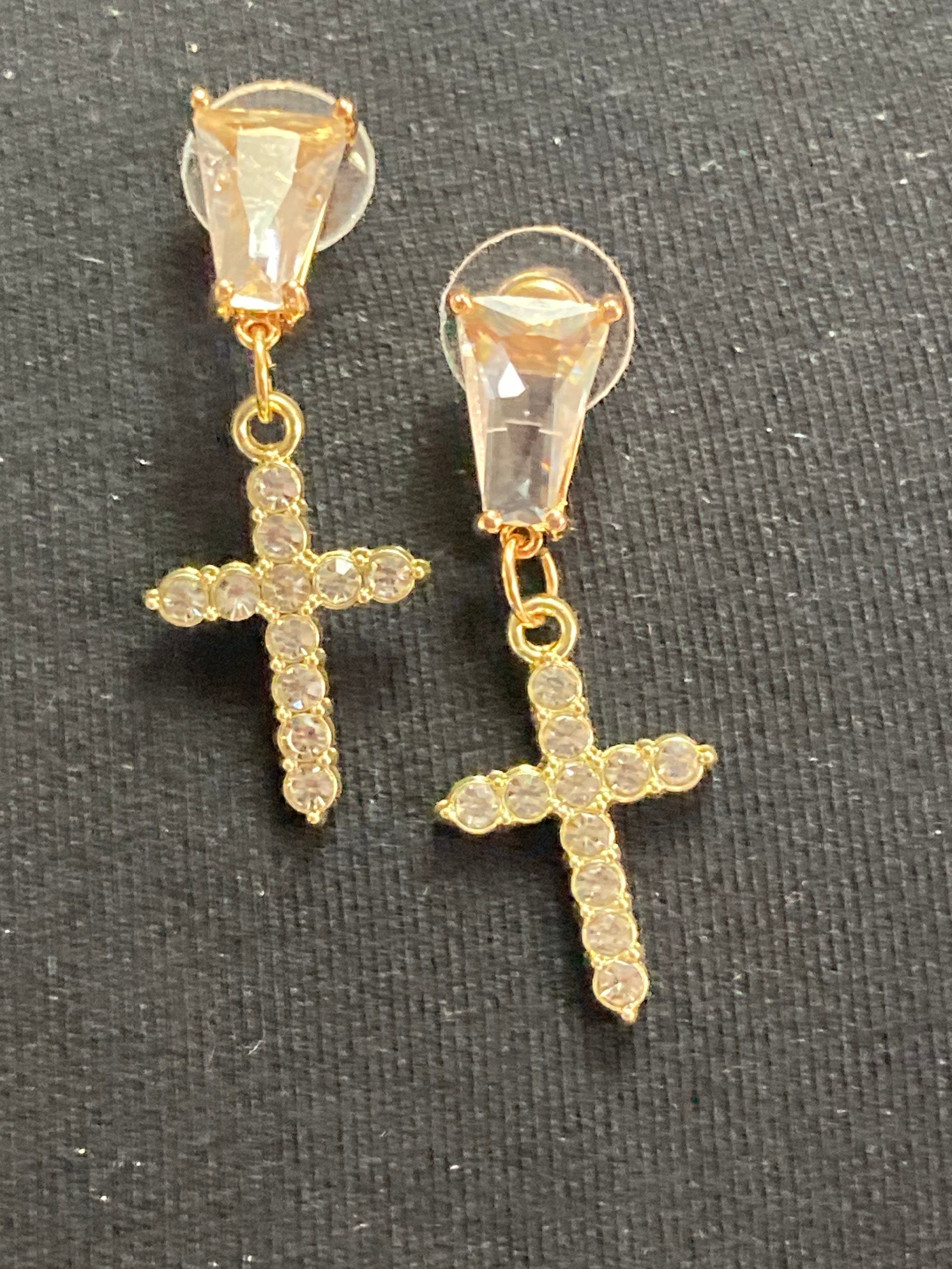 diamanté crystal cross earrings, 18k gold plated clear